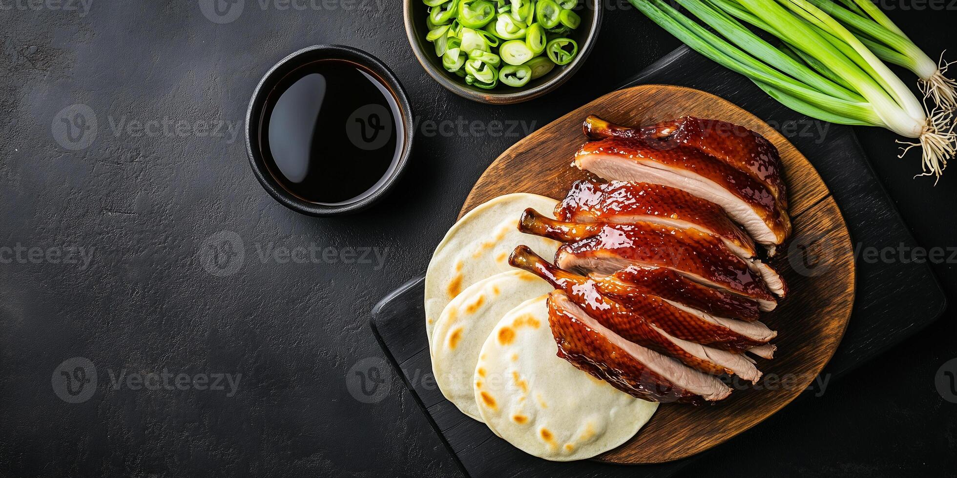 Peking duck with pancakes, hoisin sauce, and scallions, culinary photography photo