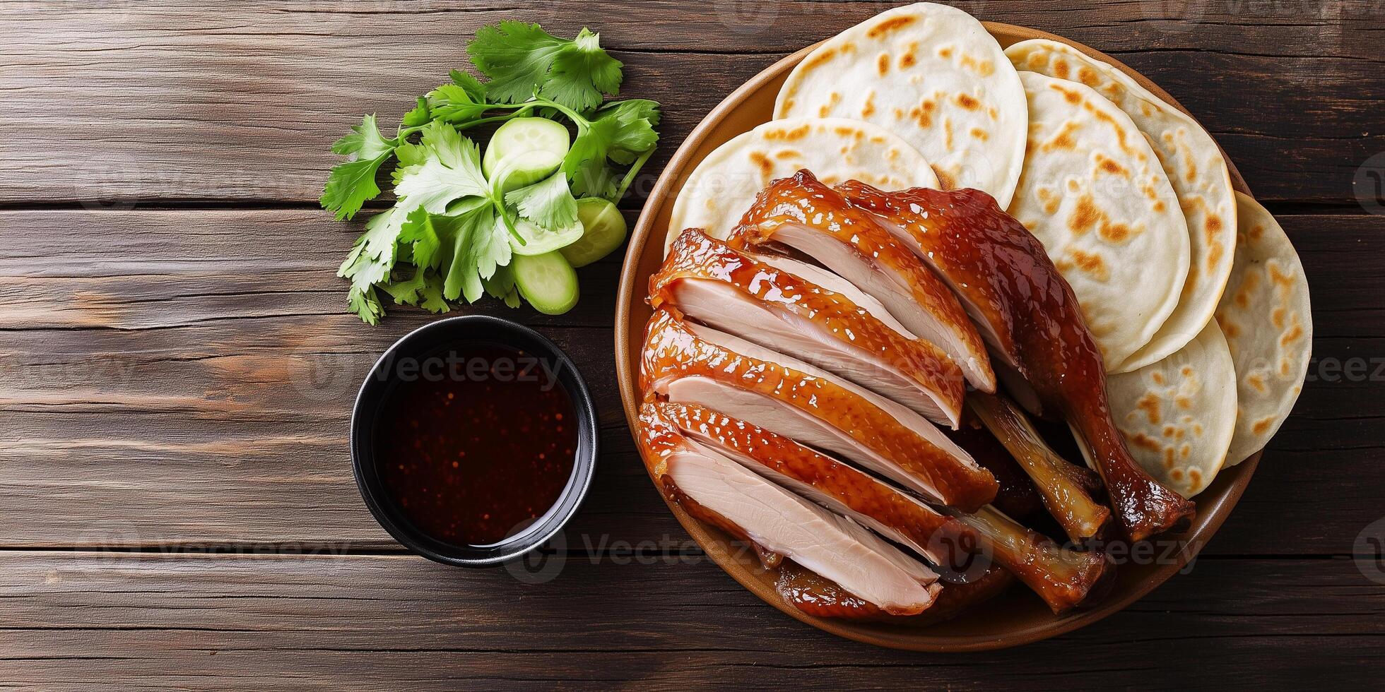 Peking duck with pancakes and hoisin sauce, food photography photo