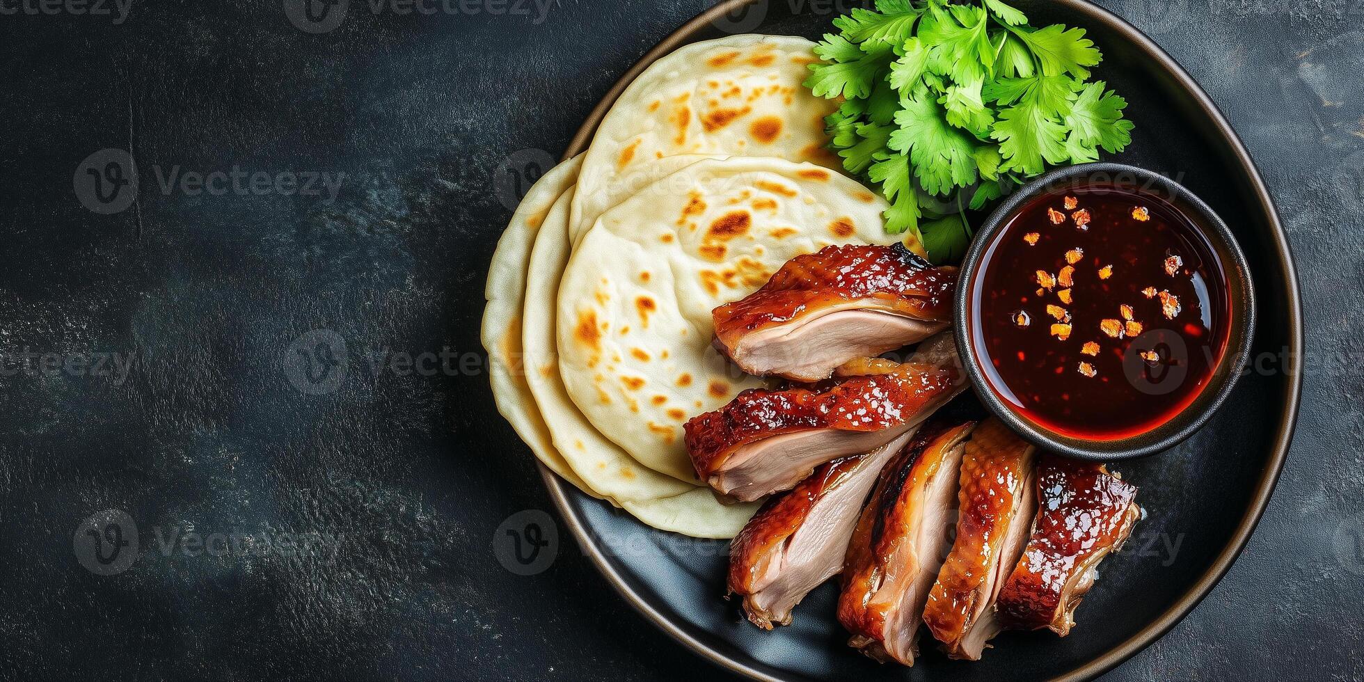 Peking duck with pancakes and dipping sauce, food photography photo