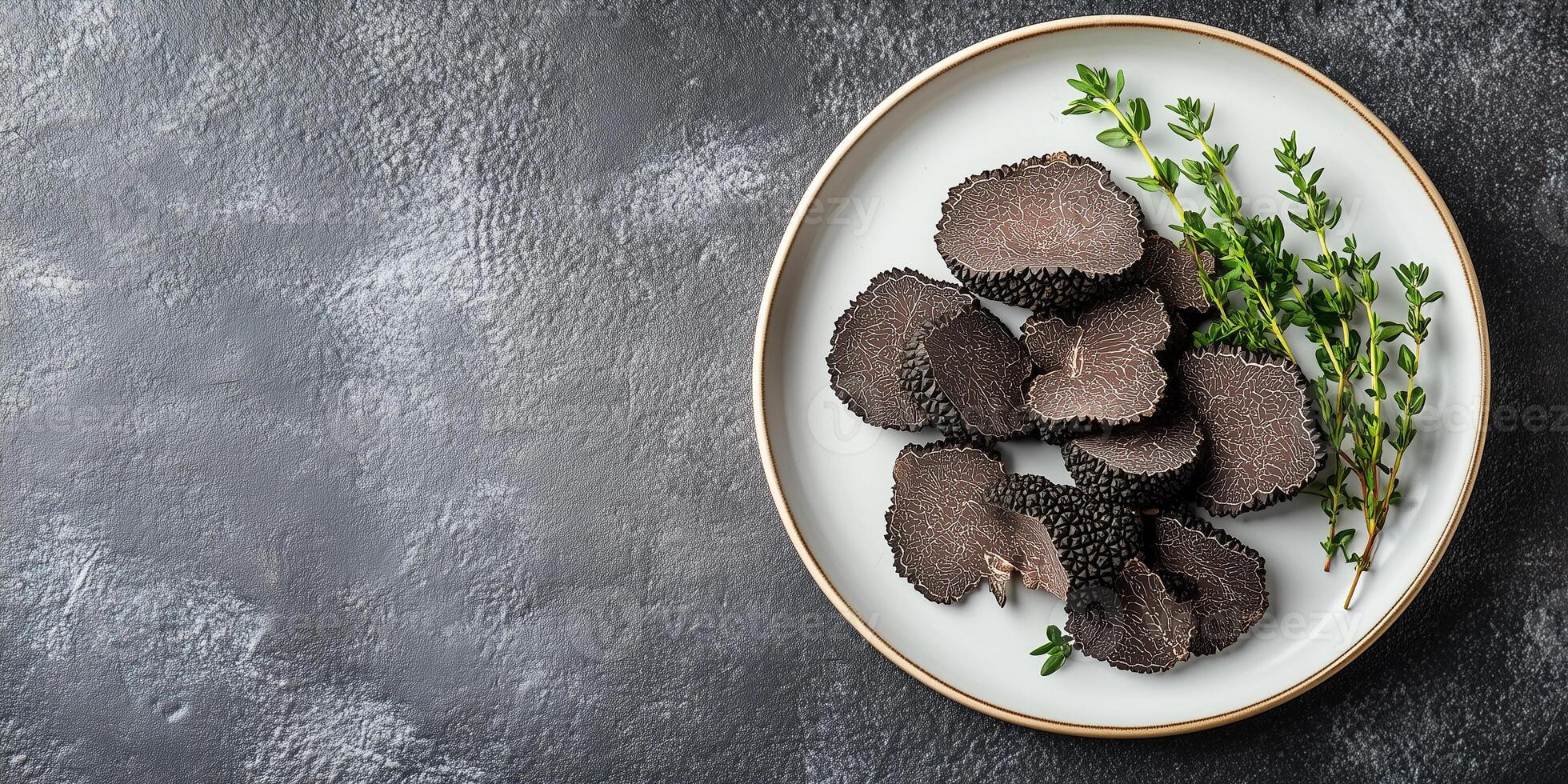 Sliced black truffles displayed on a white plate with a sprig of herbs, culinary photography photo