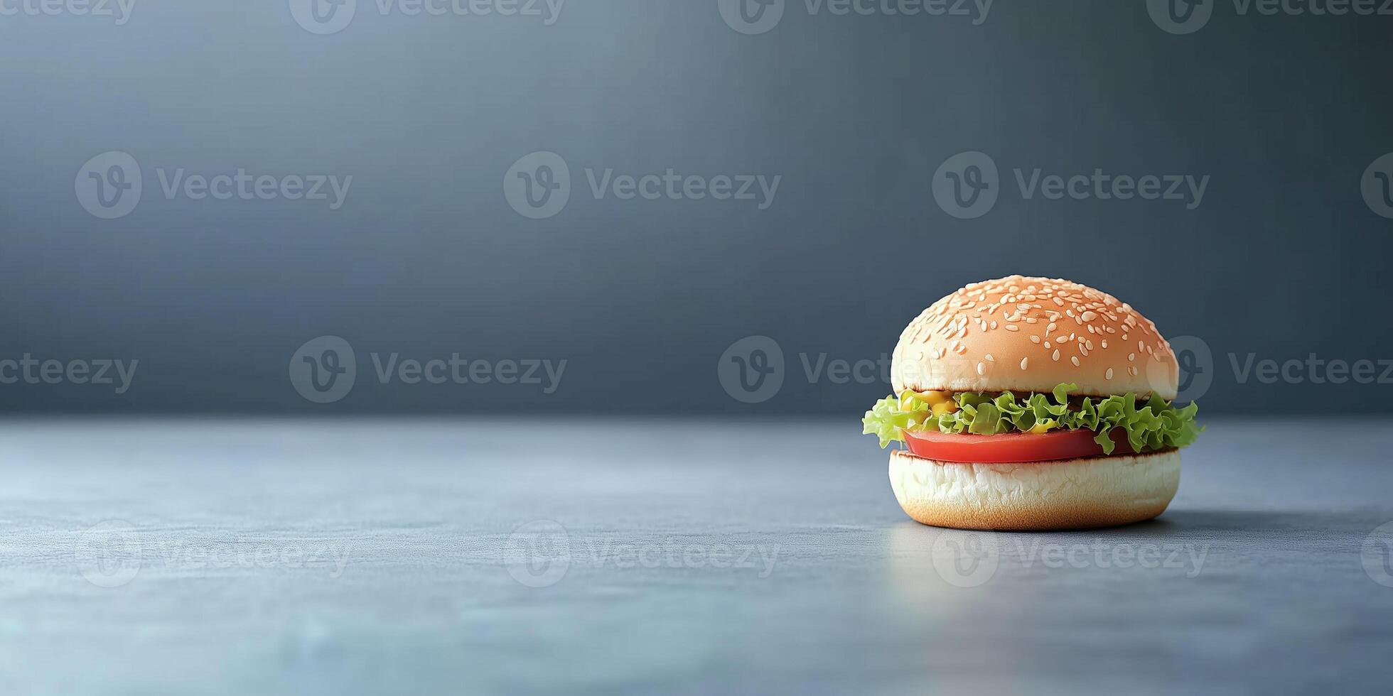 Small assembled burger, placed horizontally on a simple surface, food photography photo