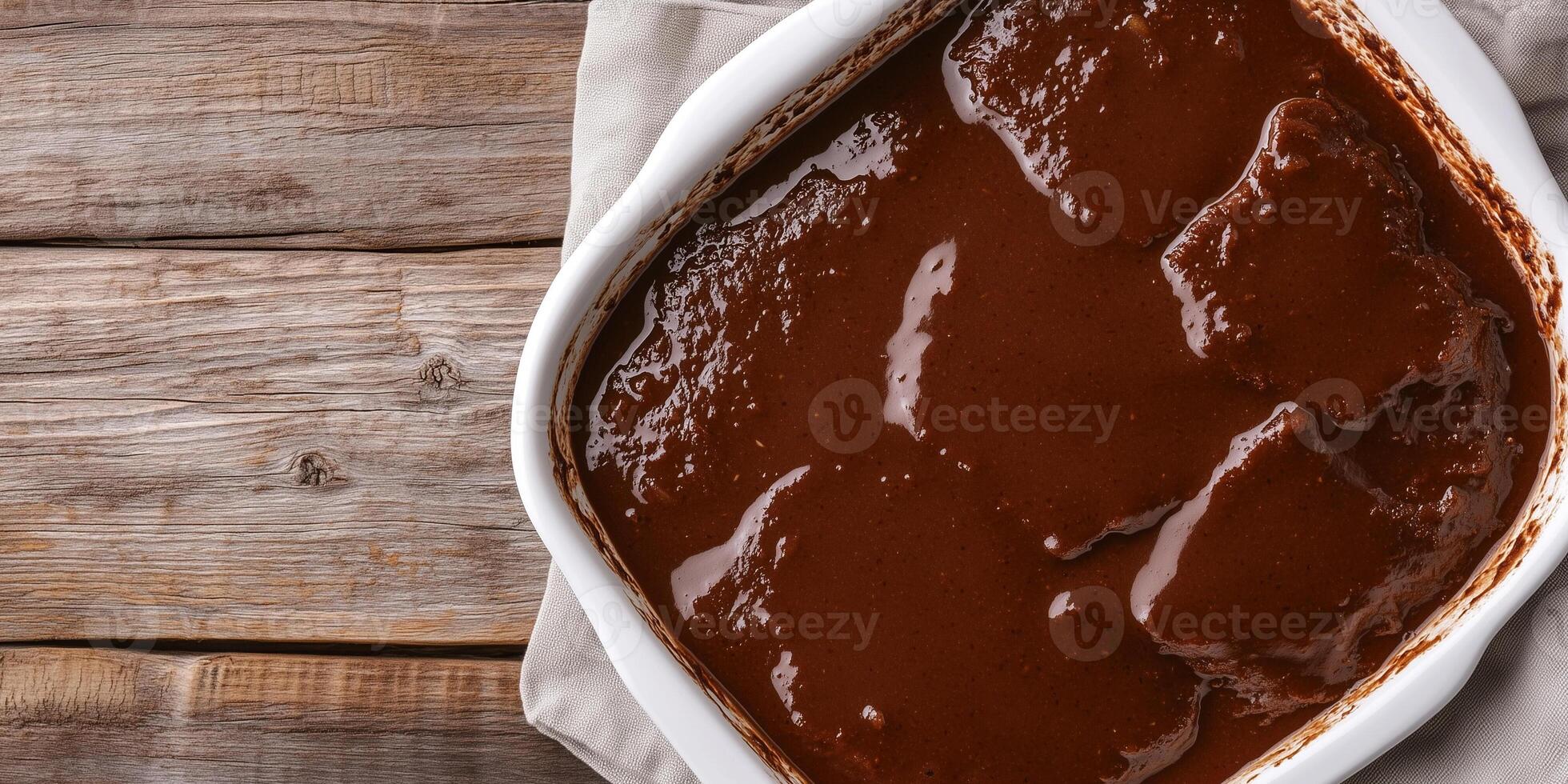 Close-up of mole sauce over meat, with sauce spread evenly, served on a plain dish, gastronomy photography photo