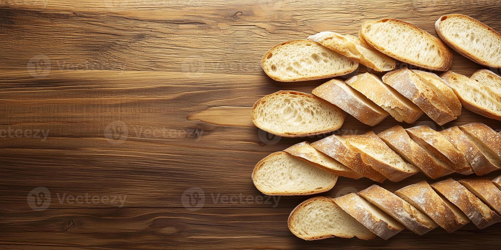 Close-up of sliced baguette pieces neatly arranged on wooden surface, photorealistic food photo
