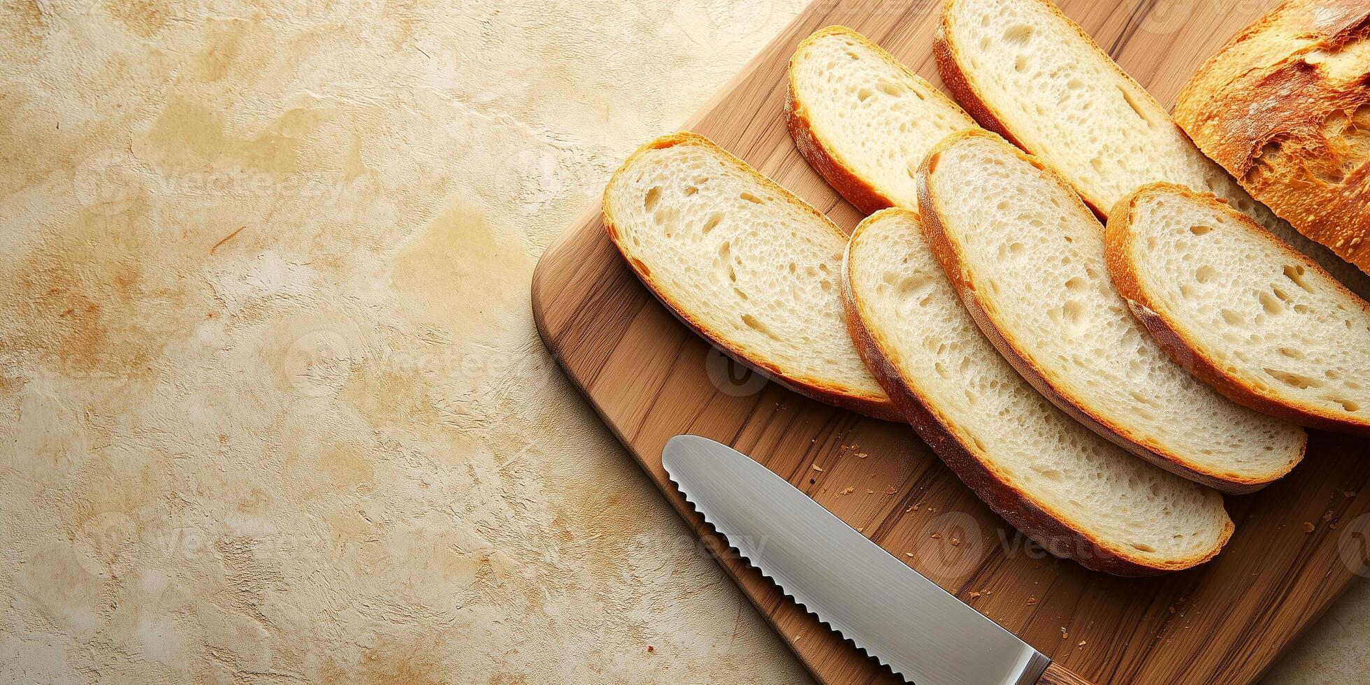 Close-up of sourdough slices on a cutting board with a bread knife, photorealistic food photo