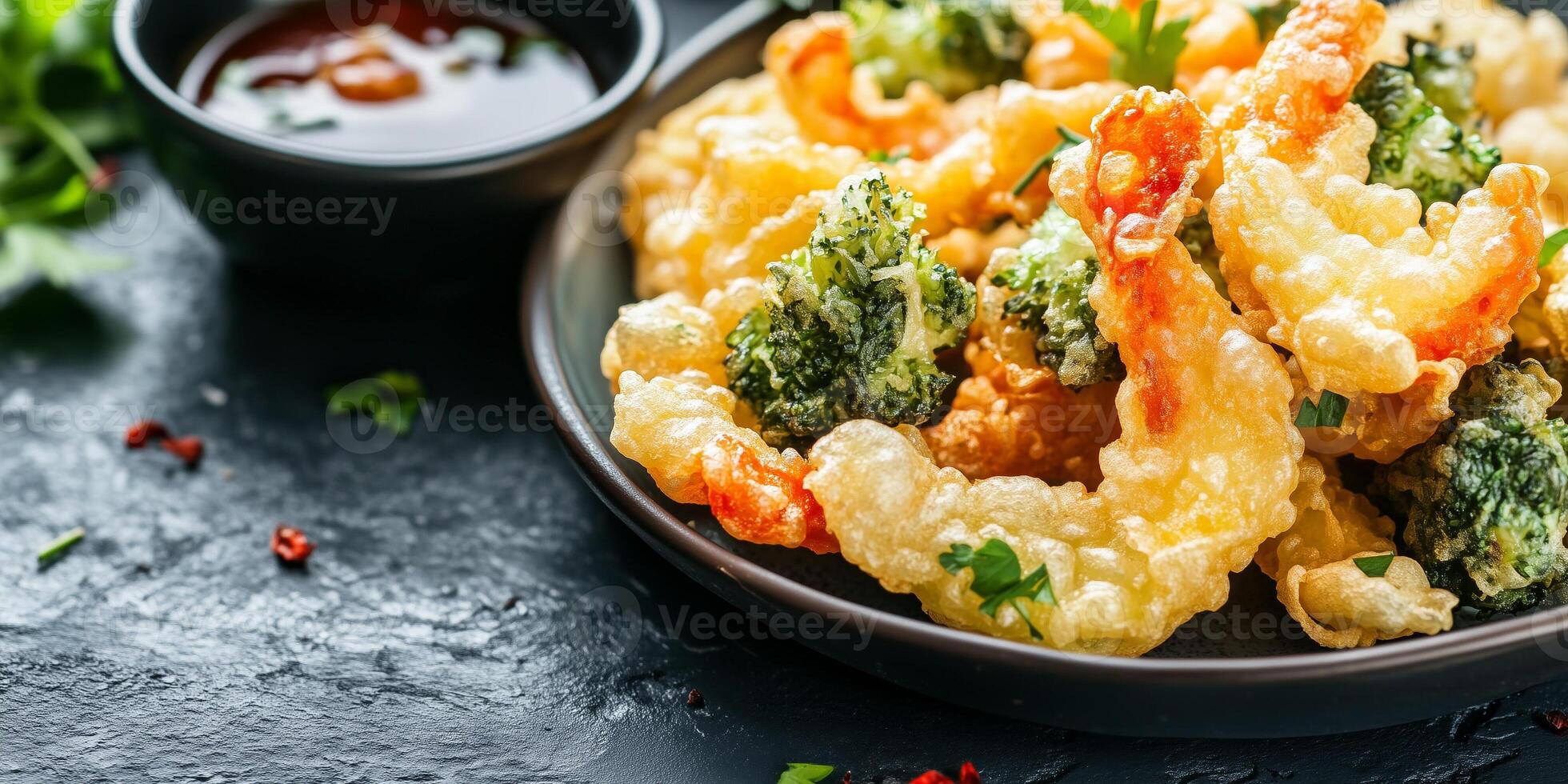 Close-up of tempura vegetables on a plate with dipping sauce, photorealistic food photo