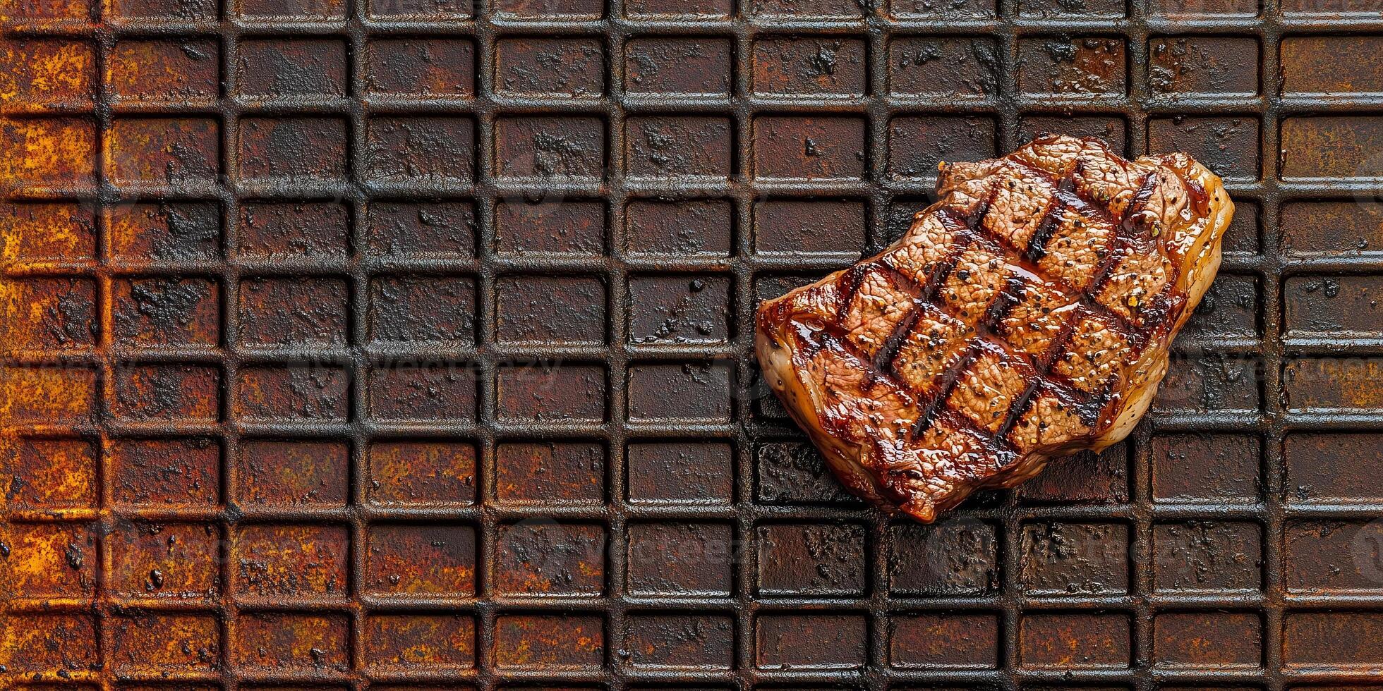 Sizzling steak on a barbecue grill with smoke rising, photorealistic food photo