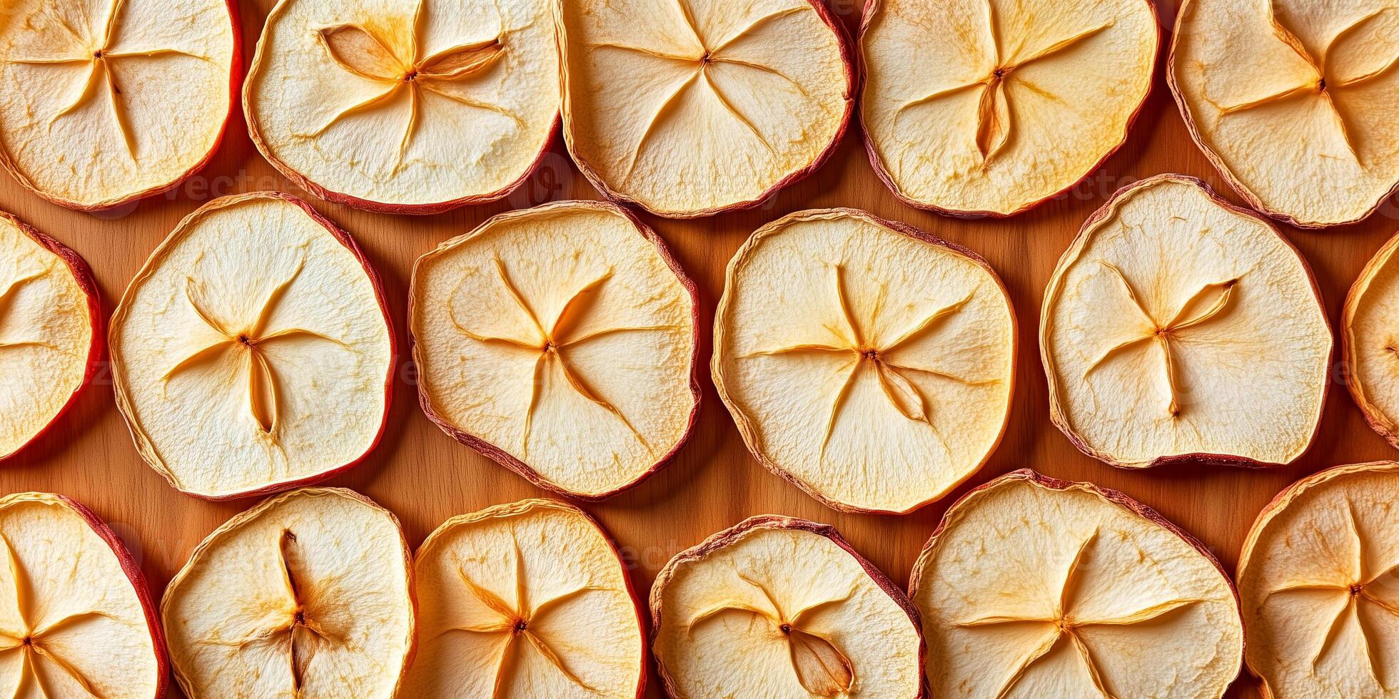 Close-up of dried apple slices in a random pattern, photorealistic food photo