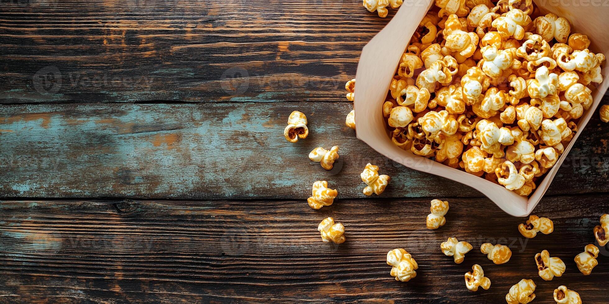 Container filled with kettle corn, with coated kernels spilling over, gastronomy photography photo
