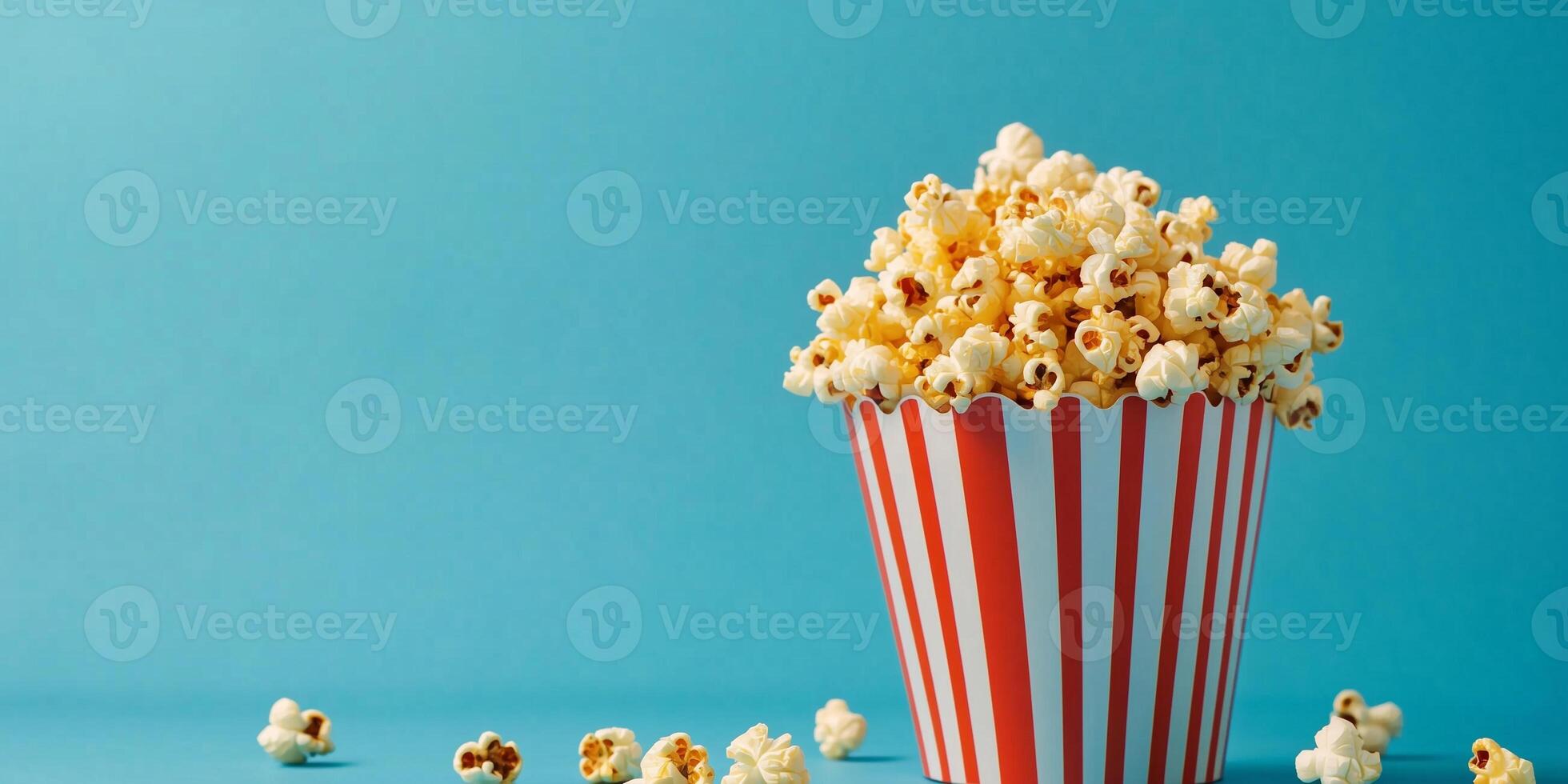 Container filled with flavored popcorn, with kernels spilling over, photorealistic food photo