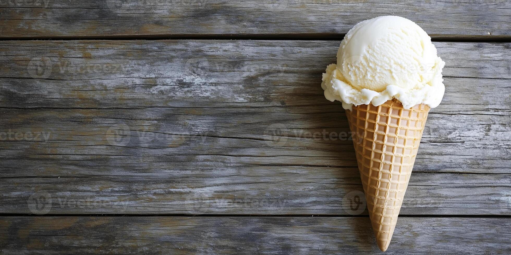 Dairy-free ice cream cone on a wooden surface, scoop leaning slightly, photorealistic food photo