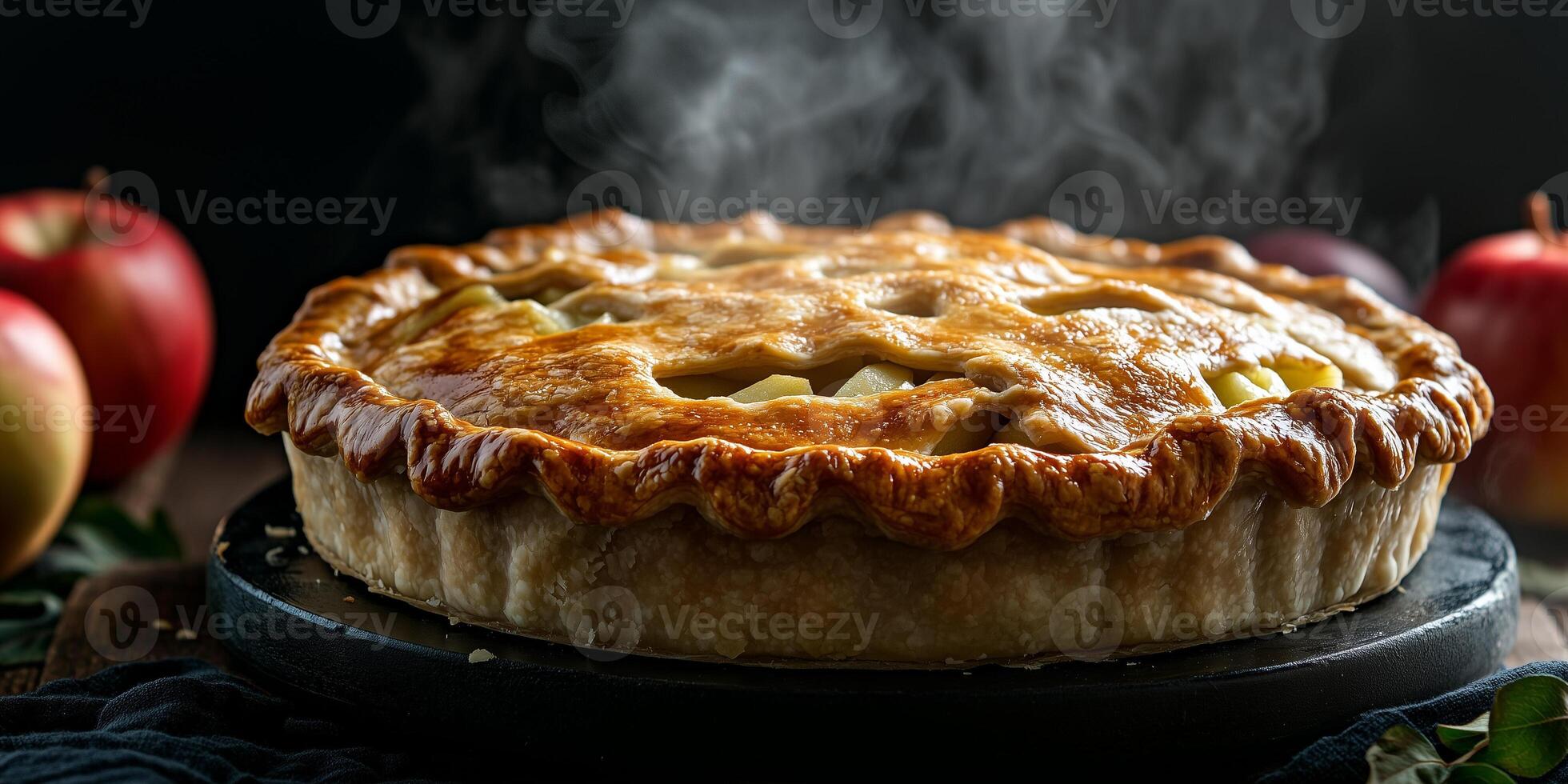 Pie with a flaky top crust, steam escaping, showcasing apple filling inside, gastronomy photography photo