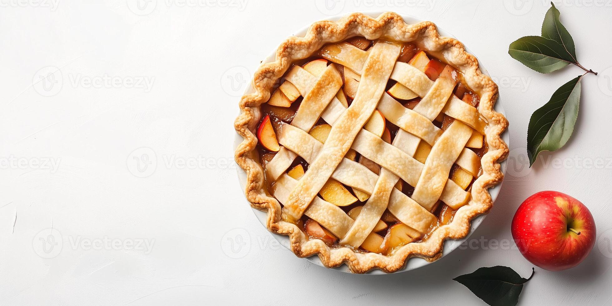 Pie with a full top crust, filled with apple slices, placed on a white surface, photorealistic food photo
