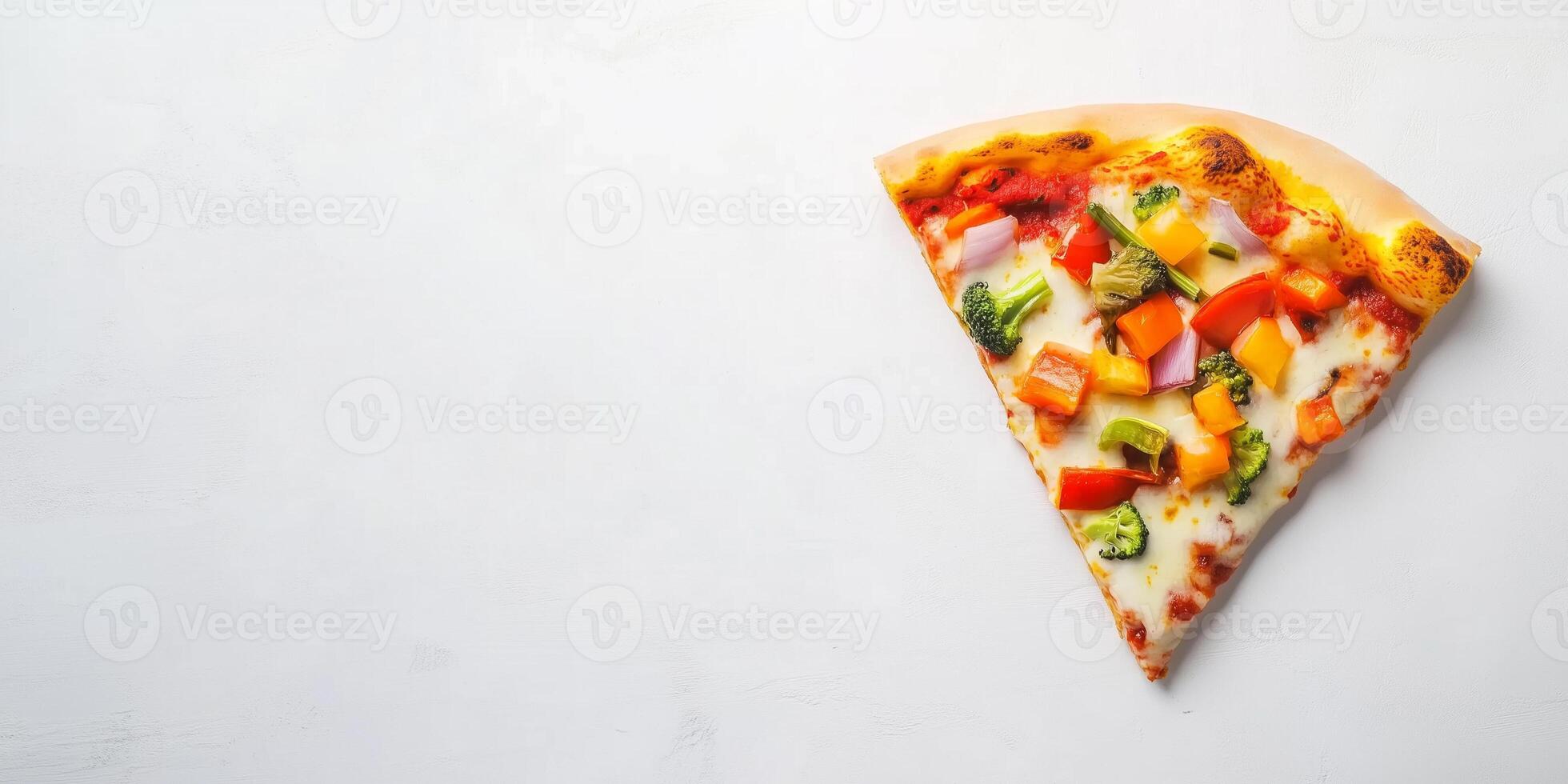 Vegetarian pizza slice with mixed vegetables on a clean flat surface, photorealistic food photo