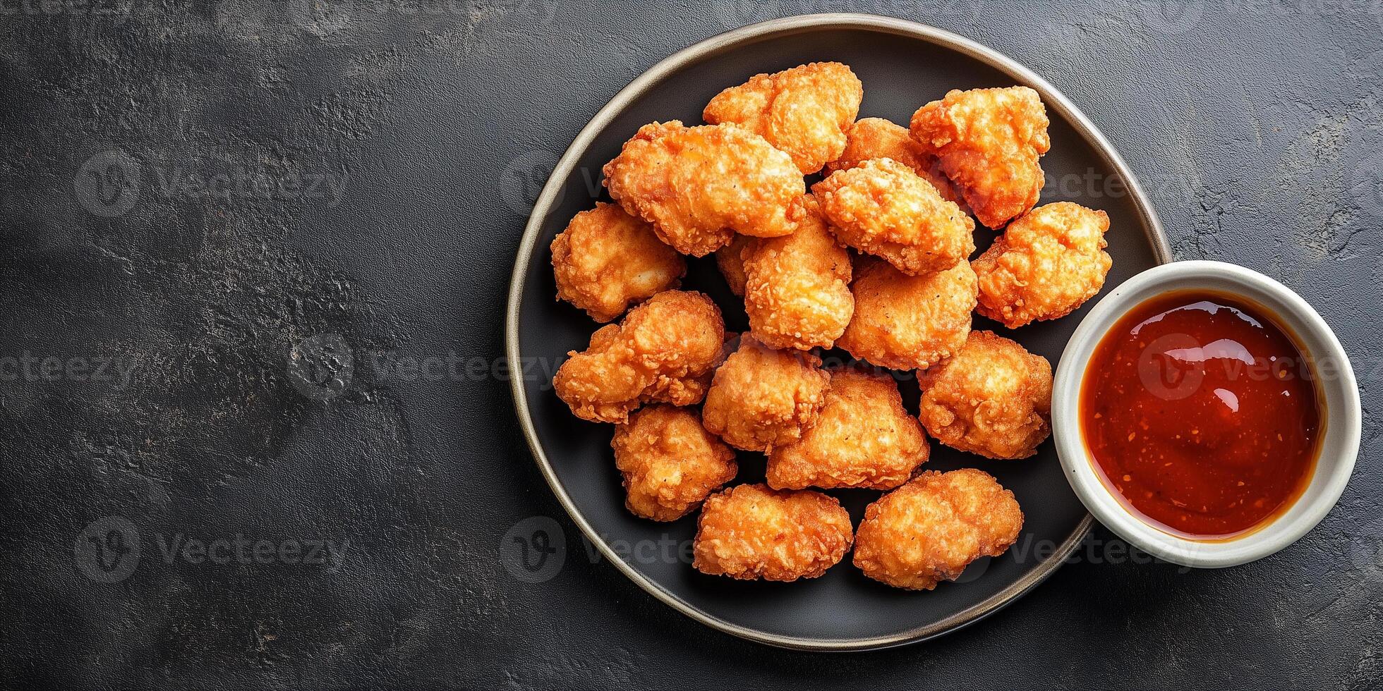 Pile of nuggets on a round plate, with a small bowl of sauce beside it, photorealistic food photo