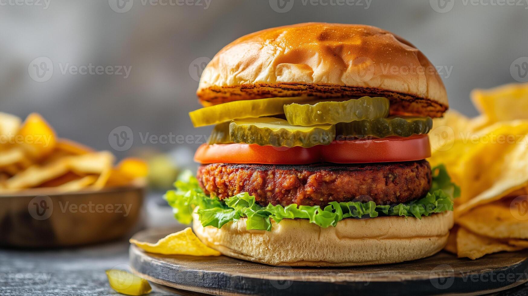 Plant-based patty with lettuce, tomato, and pickles on a bun with chips, photorealistic food photo
