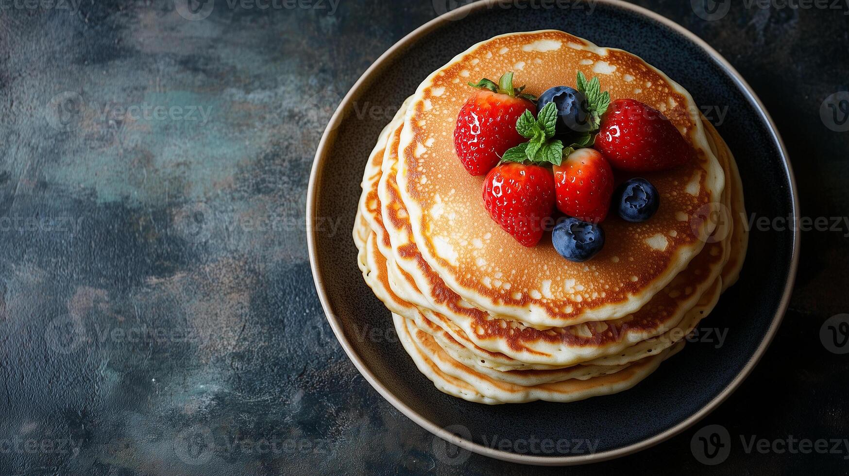 Plate of buttermilk pancakes arranged in a stack in the middle, photorealistic food photo