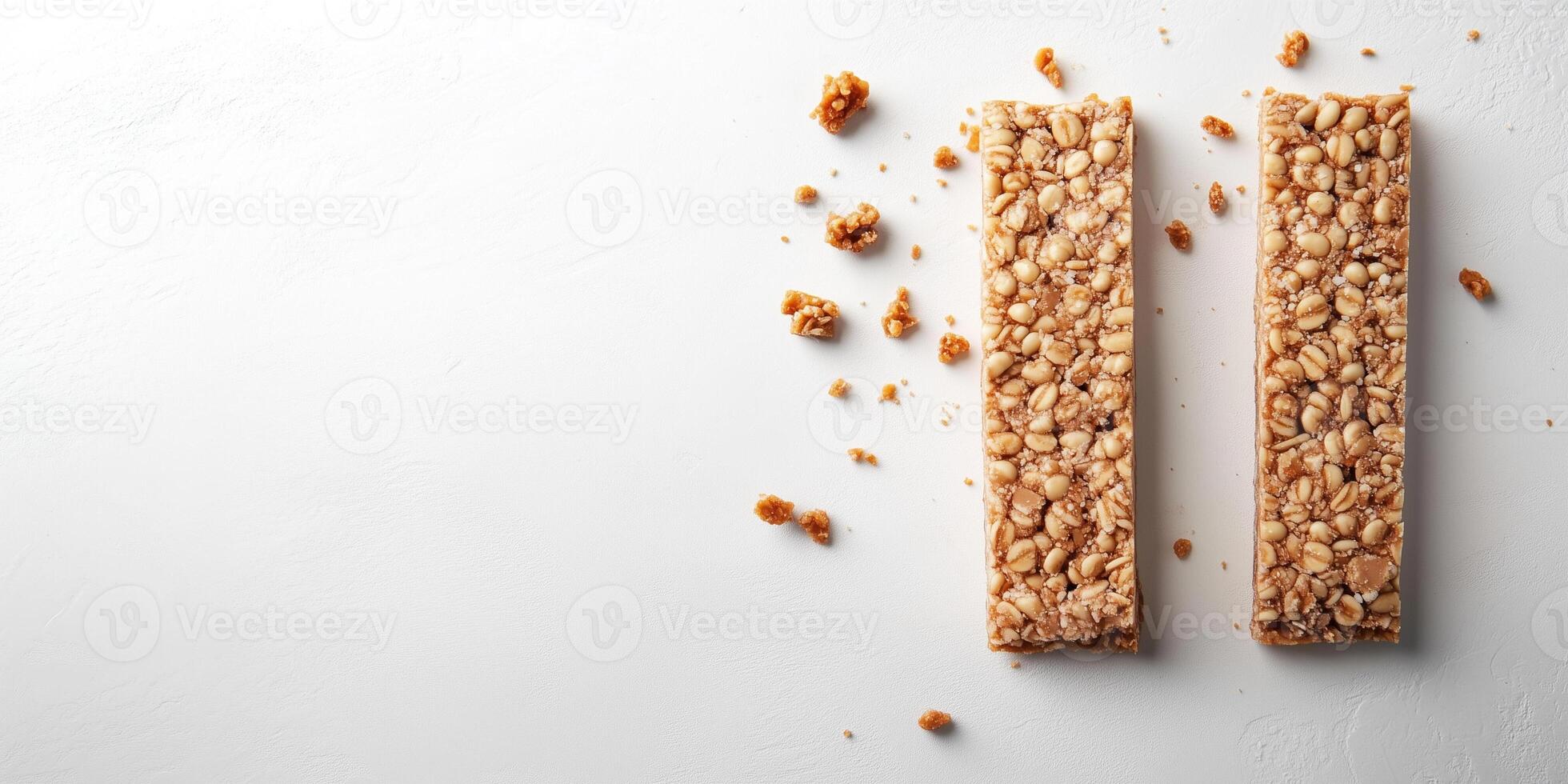 Protein bar broken into pieces, revealing dense interior, photorealistic food photo