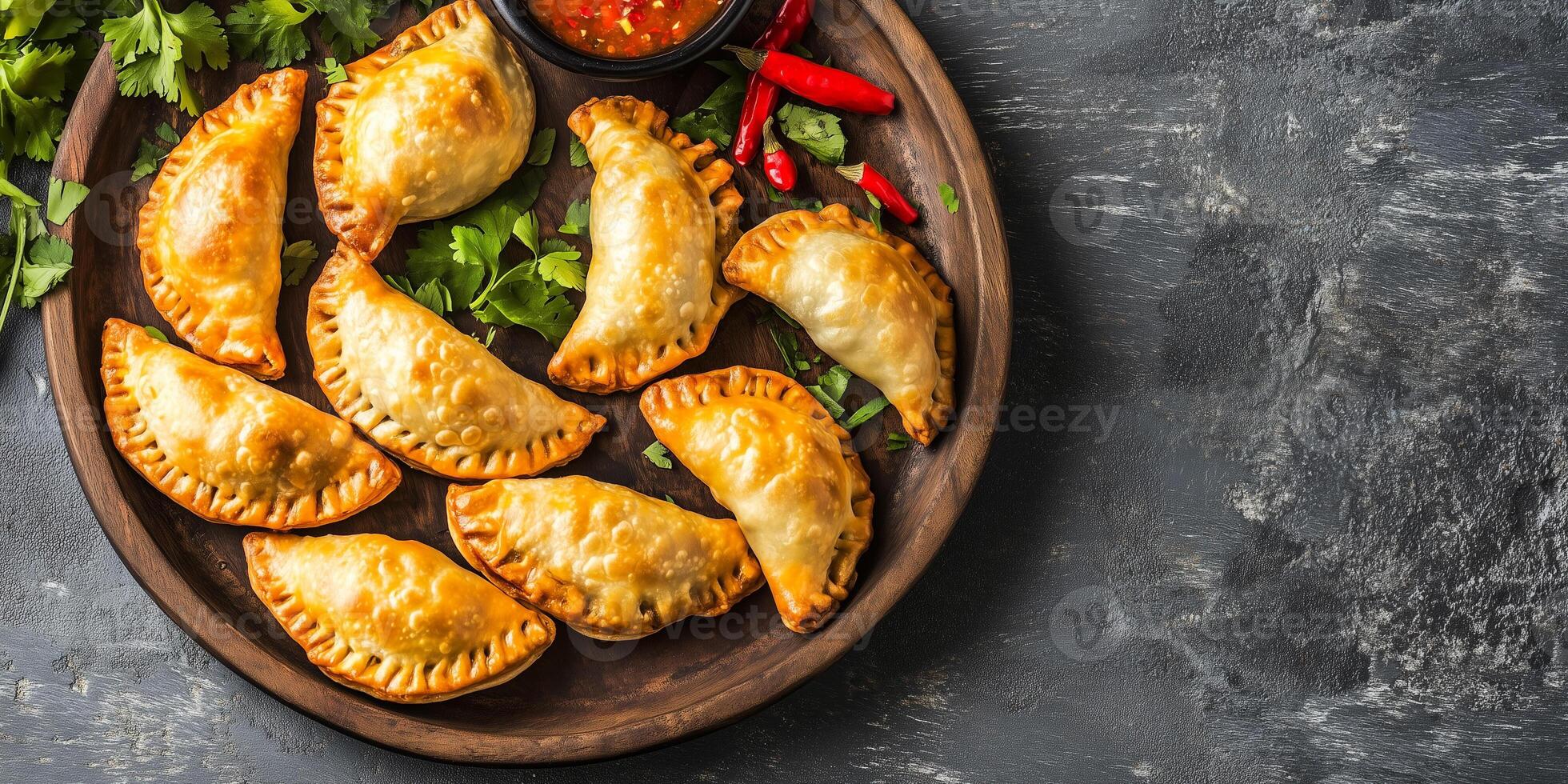 Serving tray filled with neatly arranged vegetarian empanadas, gastronomy photography photo