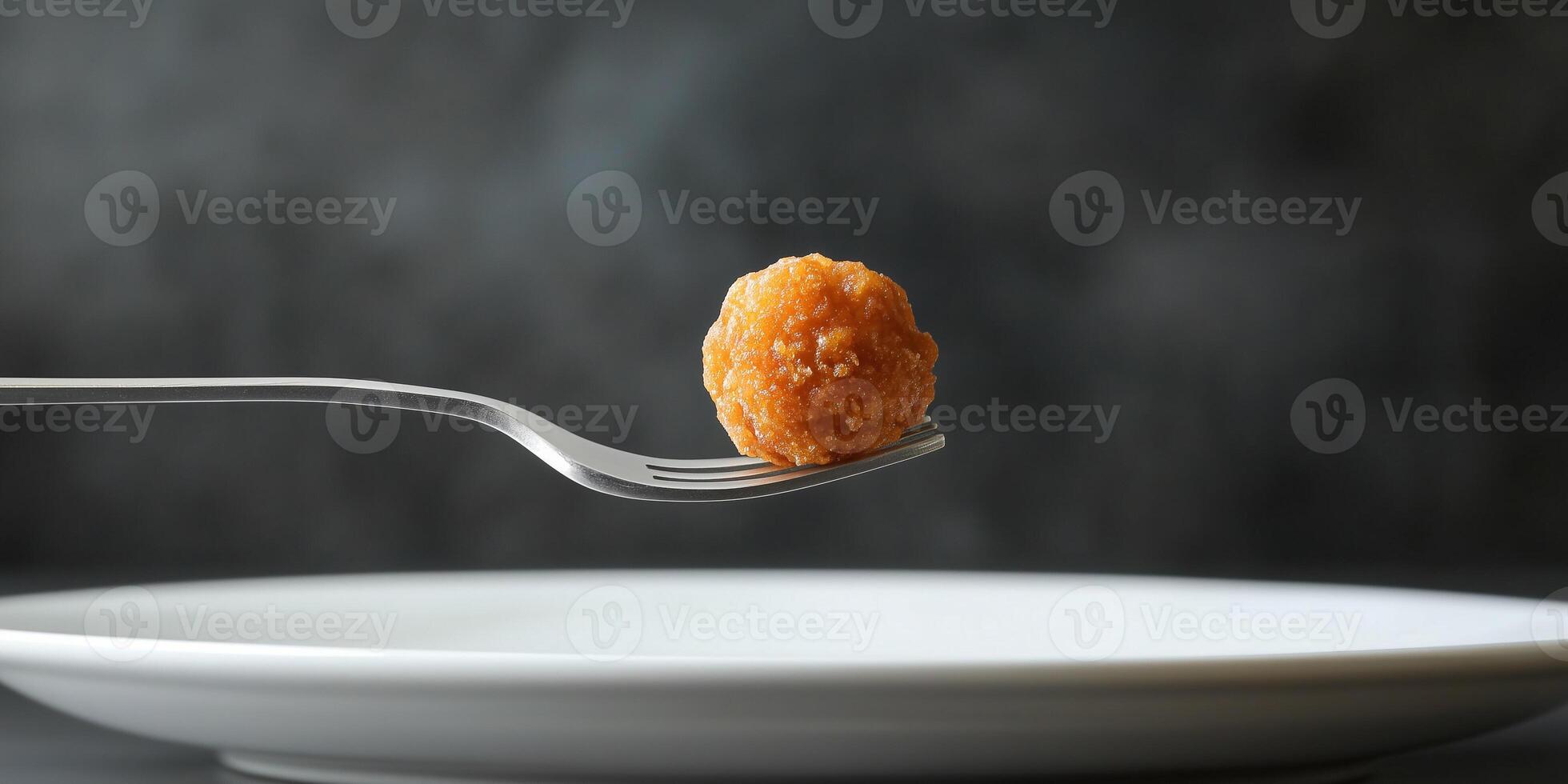 Single nugget held by a fork, positioned over a plate, photorealistic food photo