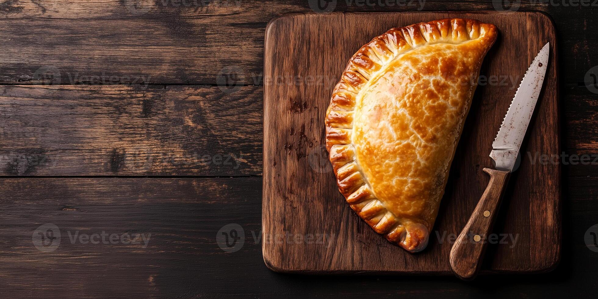 Single beef empanada on a wooden cutting board with knife beside it, gastronomy photography photo