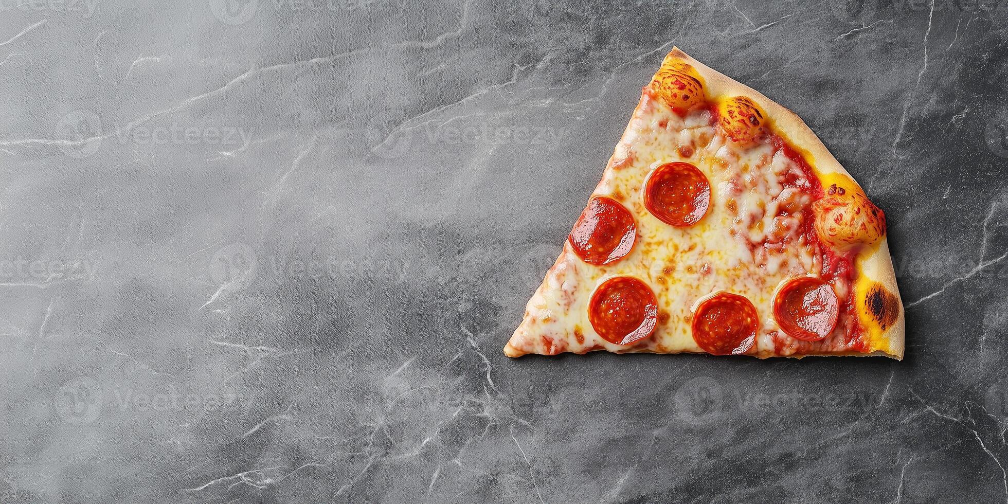 Single pizza slice displayed with melted cheese and scattered pepperoni on top, photorealistic food photo
