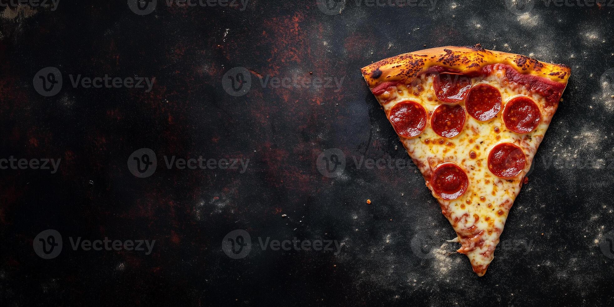 Single pizza slice displayed with melted cheese and scattered pepperoni on top, gastronomy photography photo