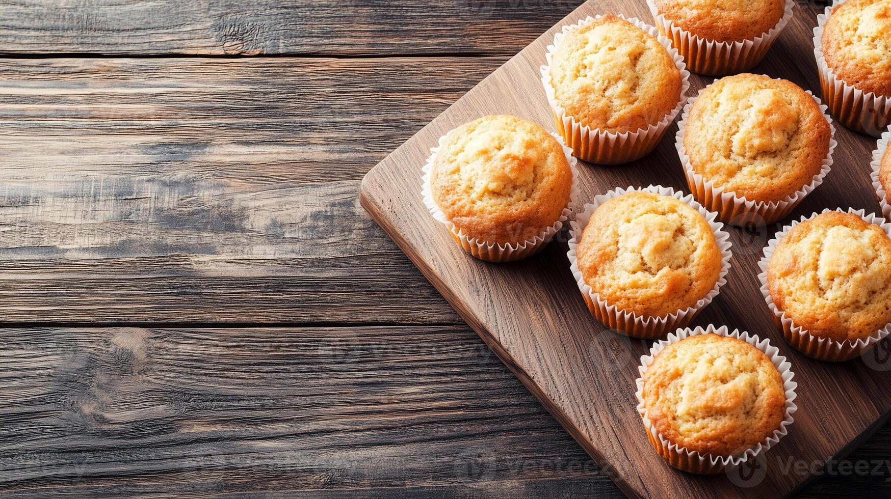 Stack of muffins on wooden serving board, photorealistic food photo