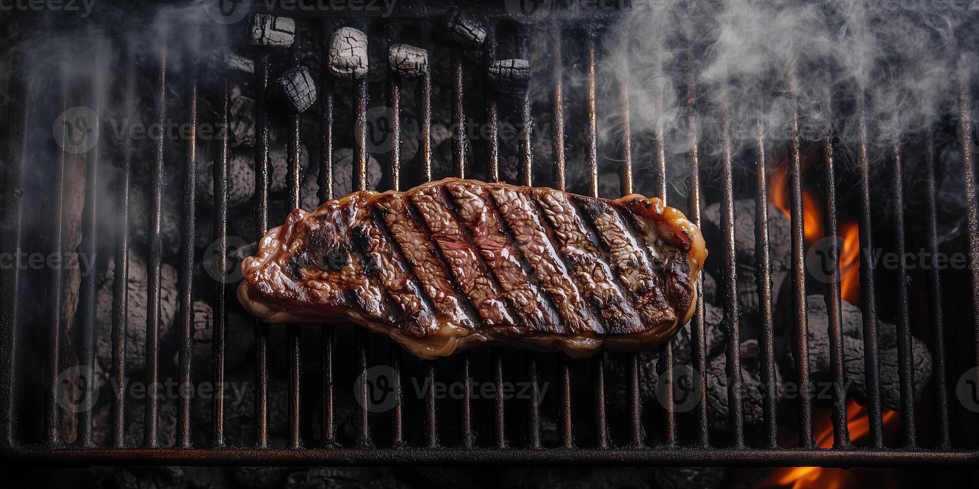 Steak being basted on a barbecue grill, gastronomy photography photo