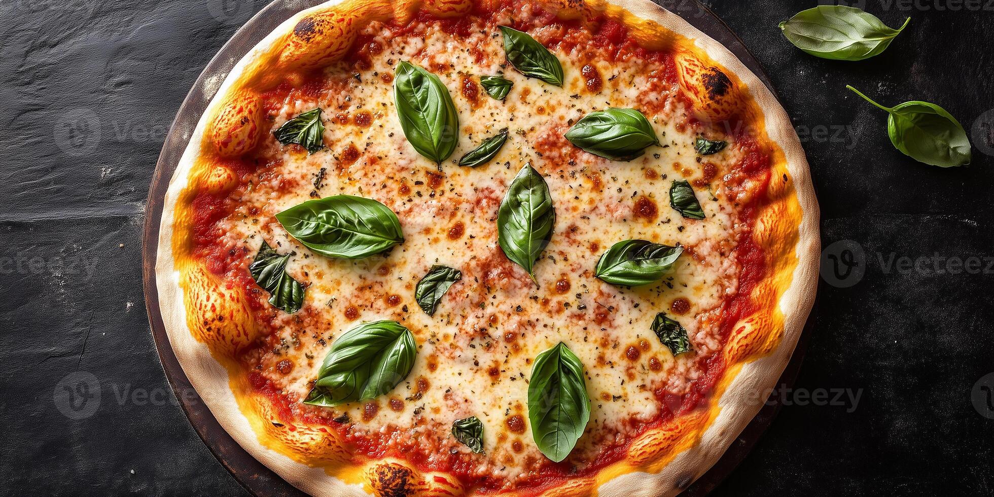 Top-down view of Margherita pizza with toppings arranged in a classic pattern, photorealistic food photo