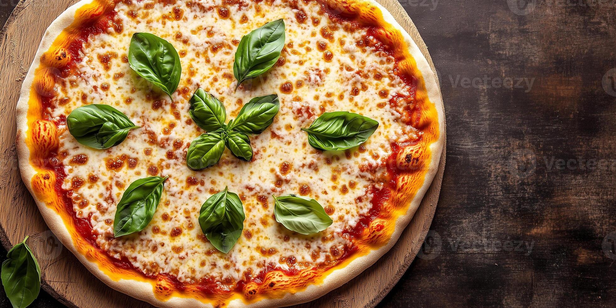 Top-down view of Margherita pizza with toppings arranged in a classic pattern, gastronomy photography photo