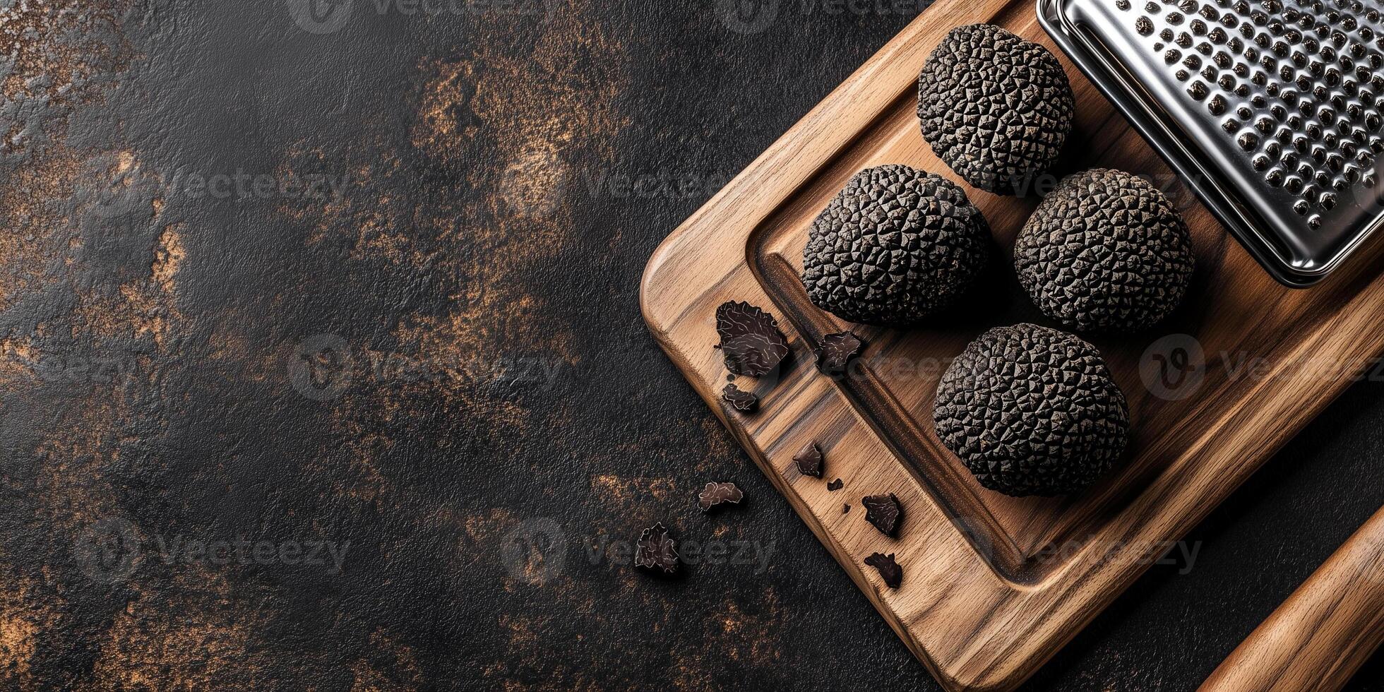 Black truffles placed on a cutting board beside a grater, gastronomy photography photo