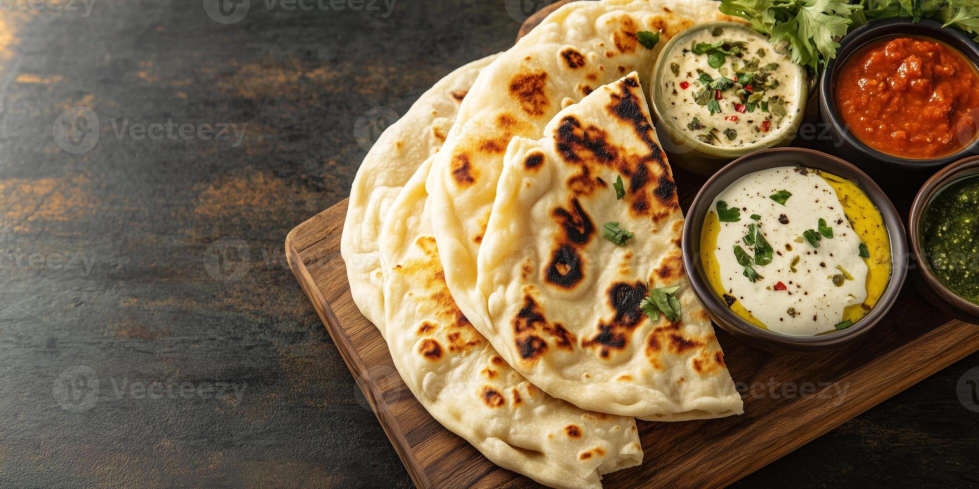 Naan arranged on a wooden board with dipping sauces and garnish, gastronomy photography photo