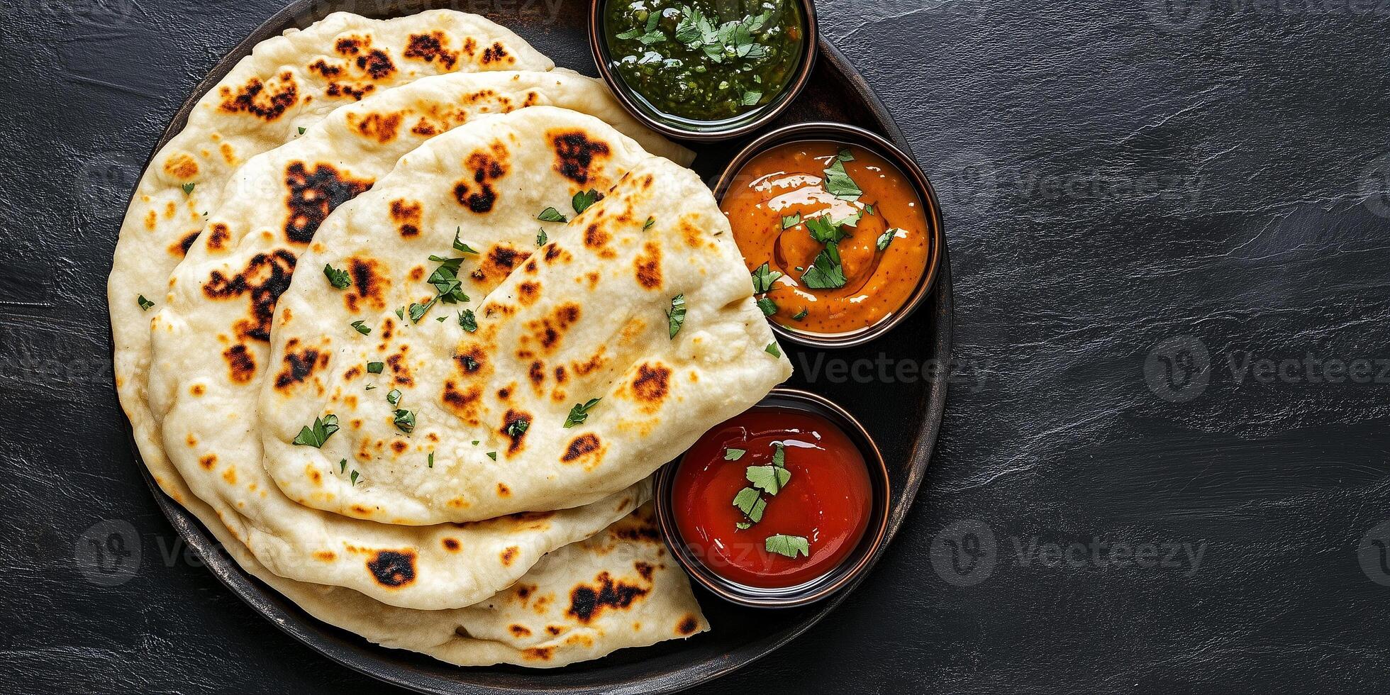 Naan displayed on a platter with a variety of dipping sauces, photorealistic food photo