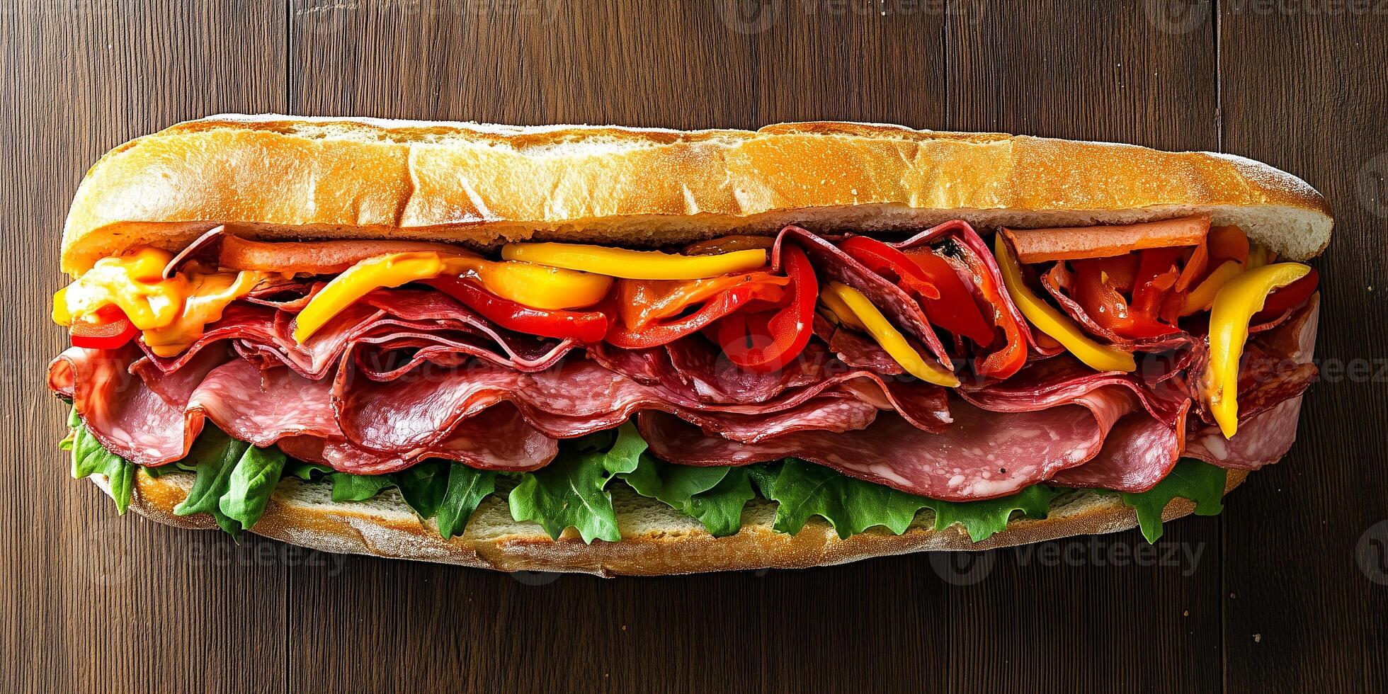 Overhead view of Italian sub sandwich with visible layers of deli meat and vegetables, gastronomy photography photo