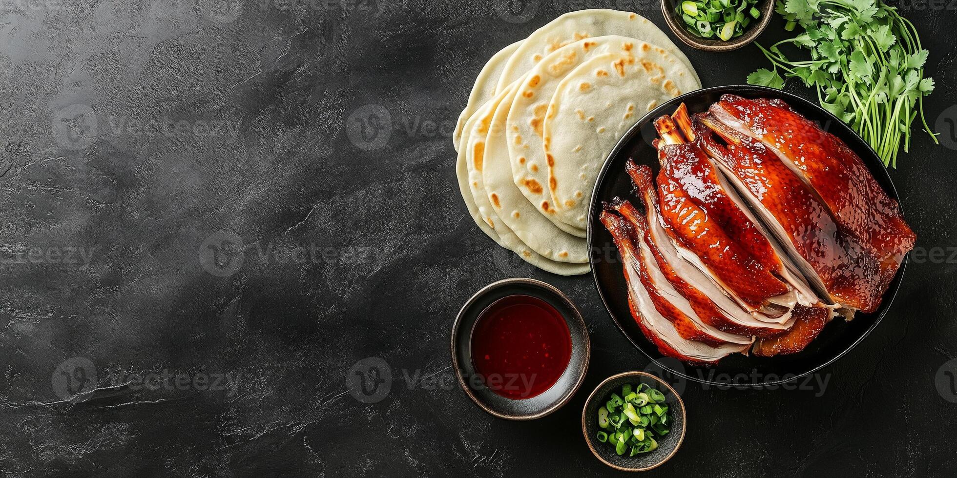 Peking duck with pancakes and hoisin sauce, gastronomy photography photo
