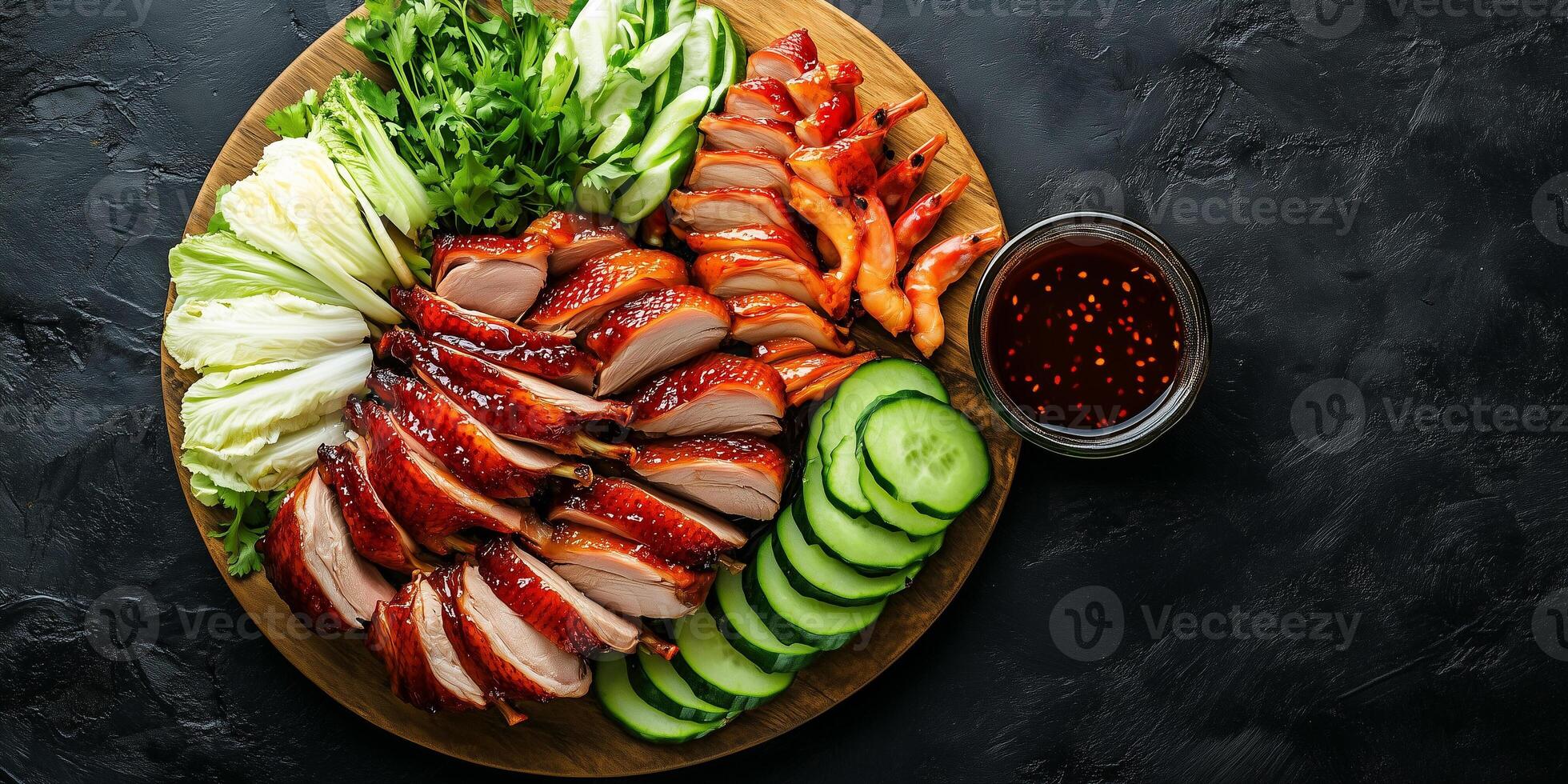 Peking duck with vegetables and hoisin sauce, gastronomy photography photo