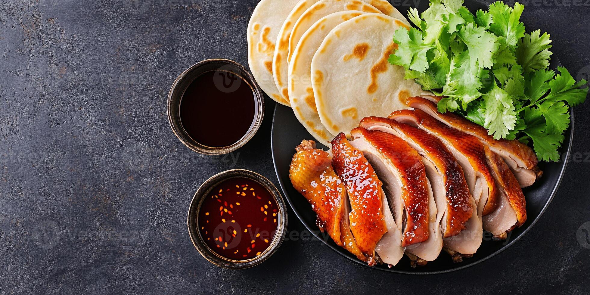Peking duck with pancakes and hoisin sauce, photorealistic food photo
