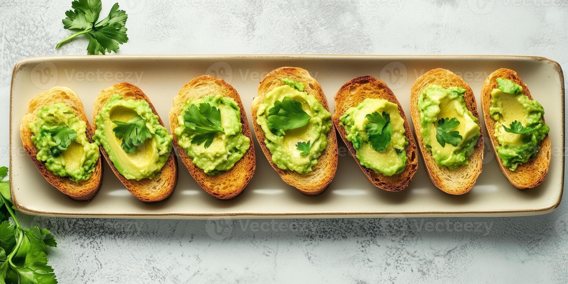 Avocado crostini on a rectangular plate, spaced evenly with garnishes, photorealistic food photo