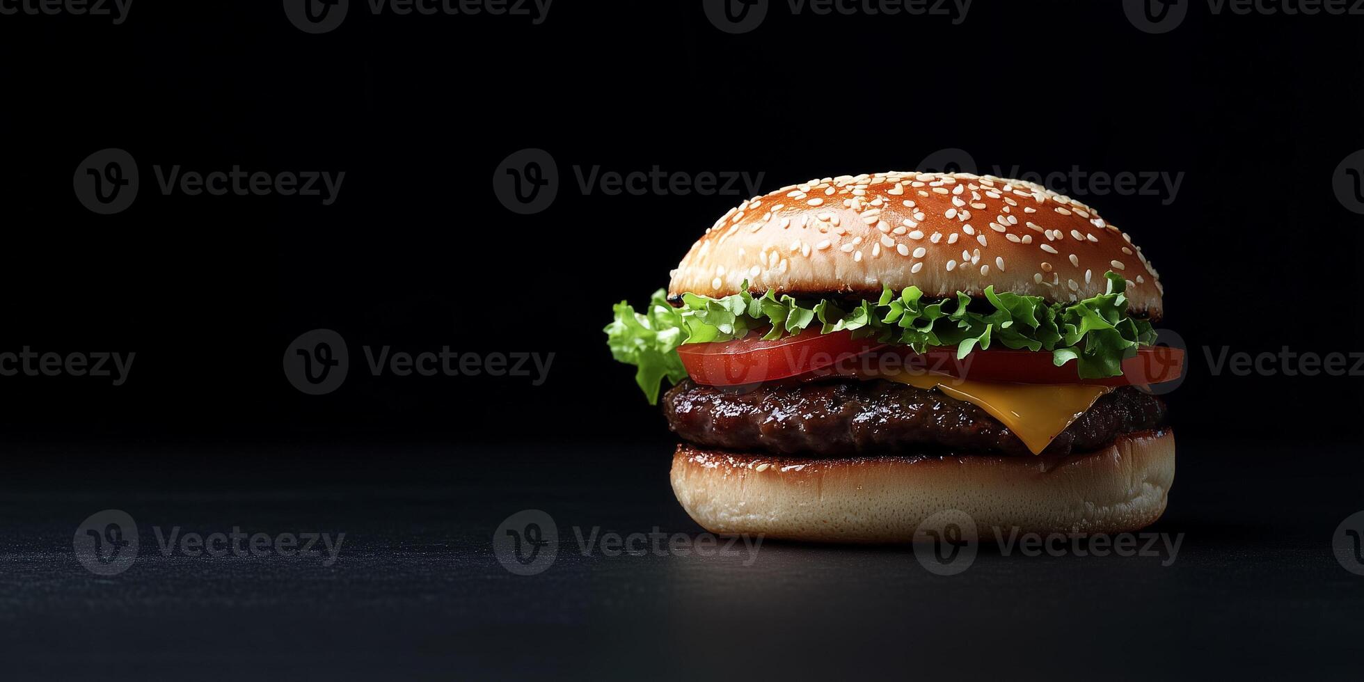 Single gourmet burger with layers, lying flat on a simple surface, photorealistic food photo