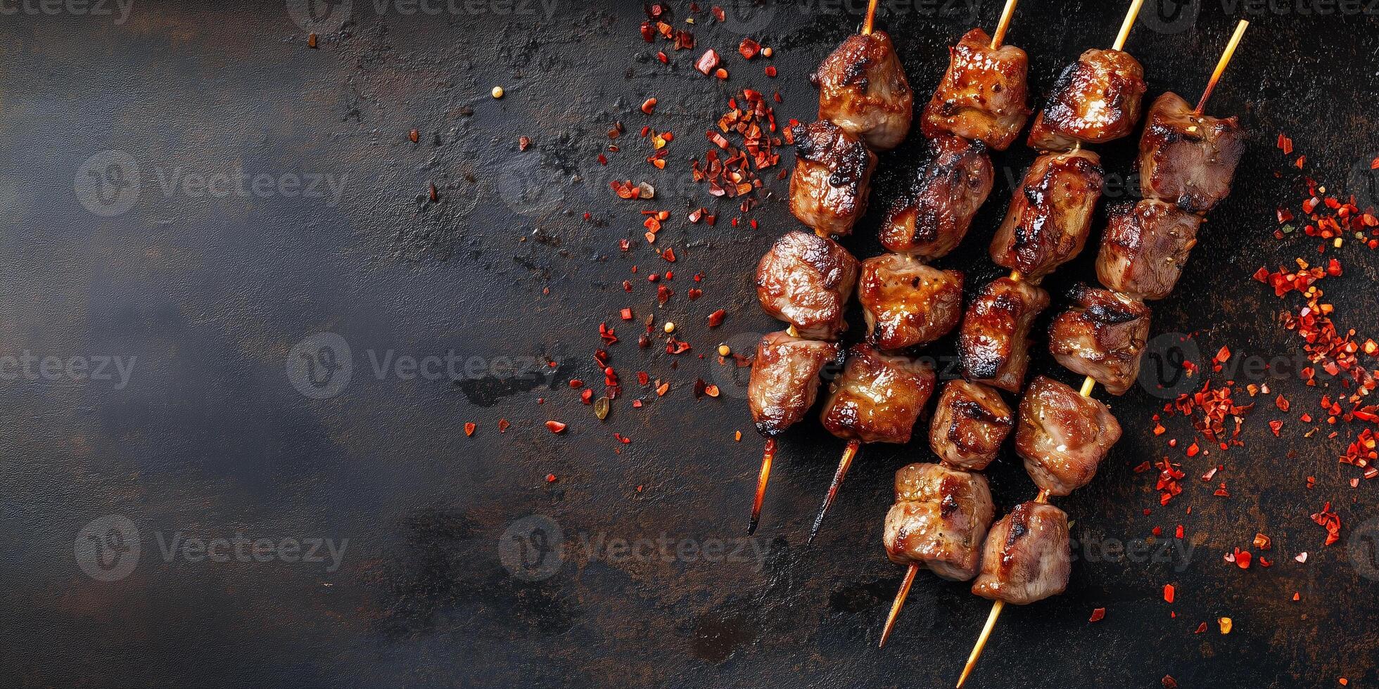 Skewer with small grilled meat pieces, evenly spaced, lying on a flat surface, photorealistic food photo