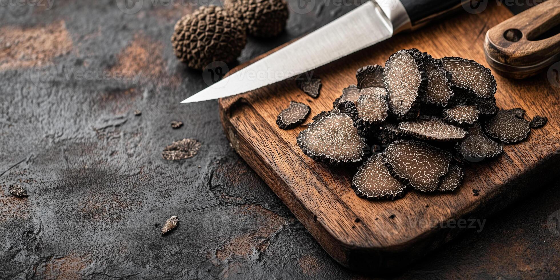 Sliced black truffles scattered on a wooden cutting board next to a knife, photorealistic food photo