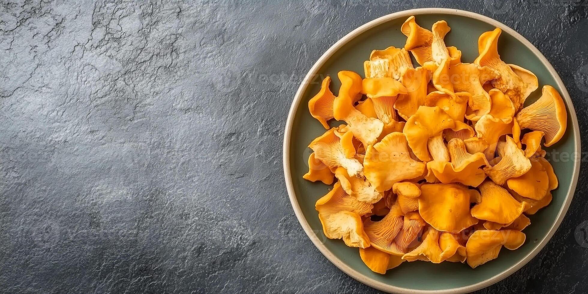 Sliced chanterelle mushrooms arranged in a fan shape on a plate, gastronomy photography photo