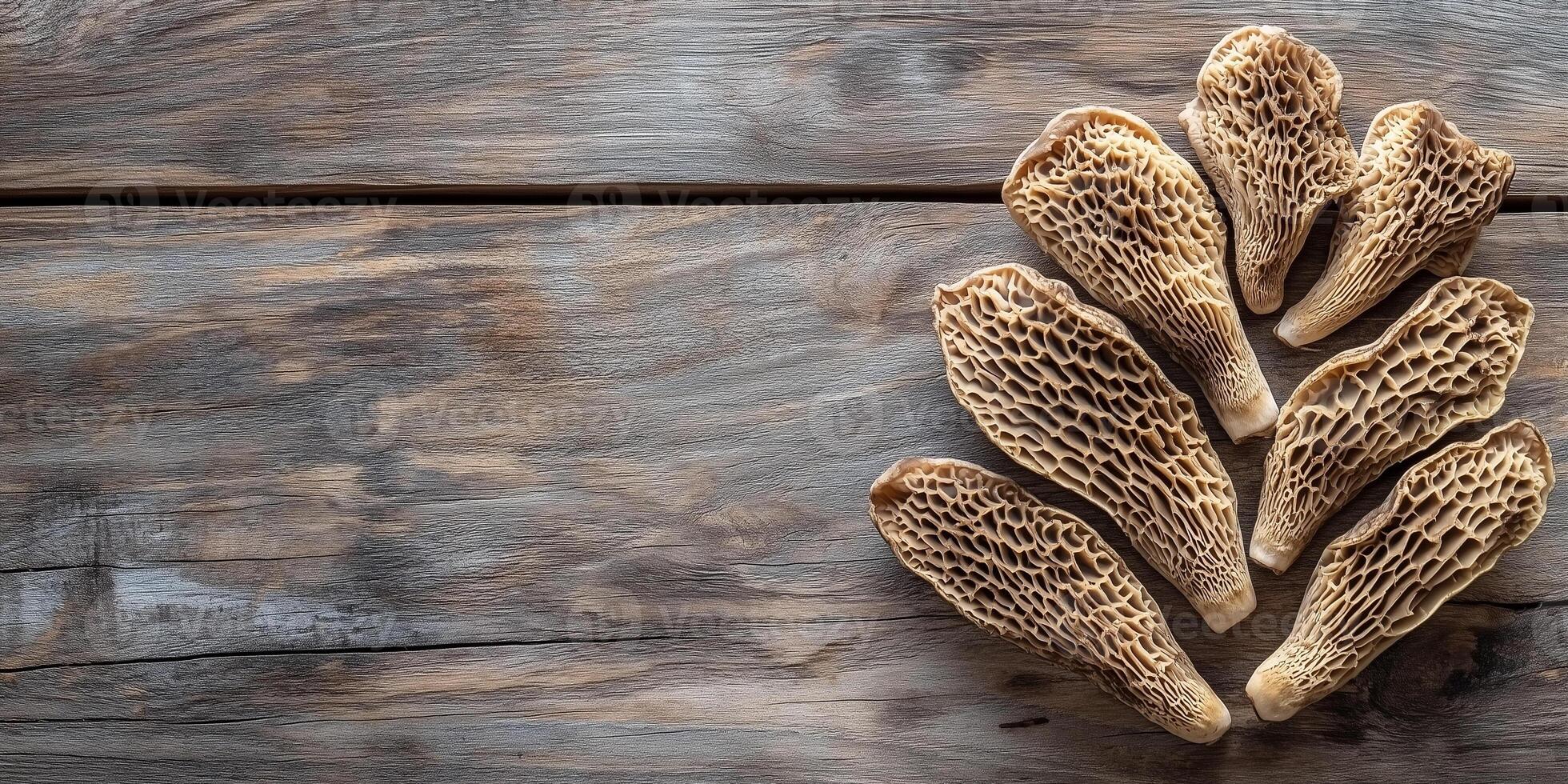 Sliced morel mushrooms arranged in a fan shape on a wooden surface, photorealistic food photo