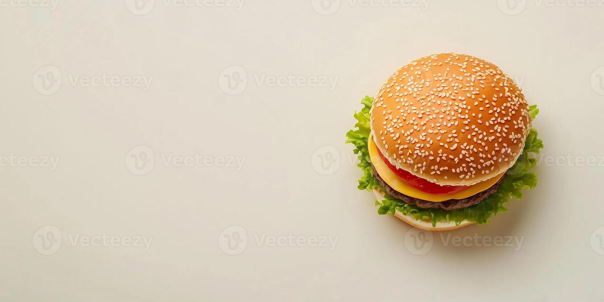 Small assembled burger, placed horizontally on a simple surface, photorealistic food photo