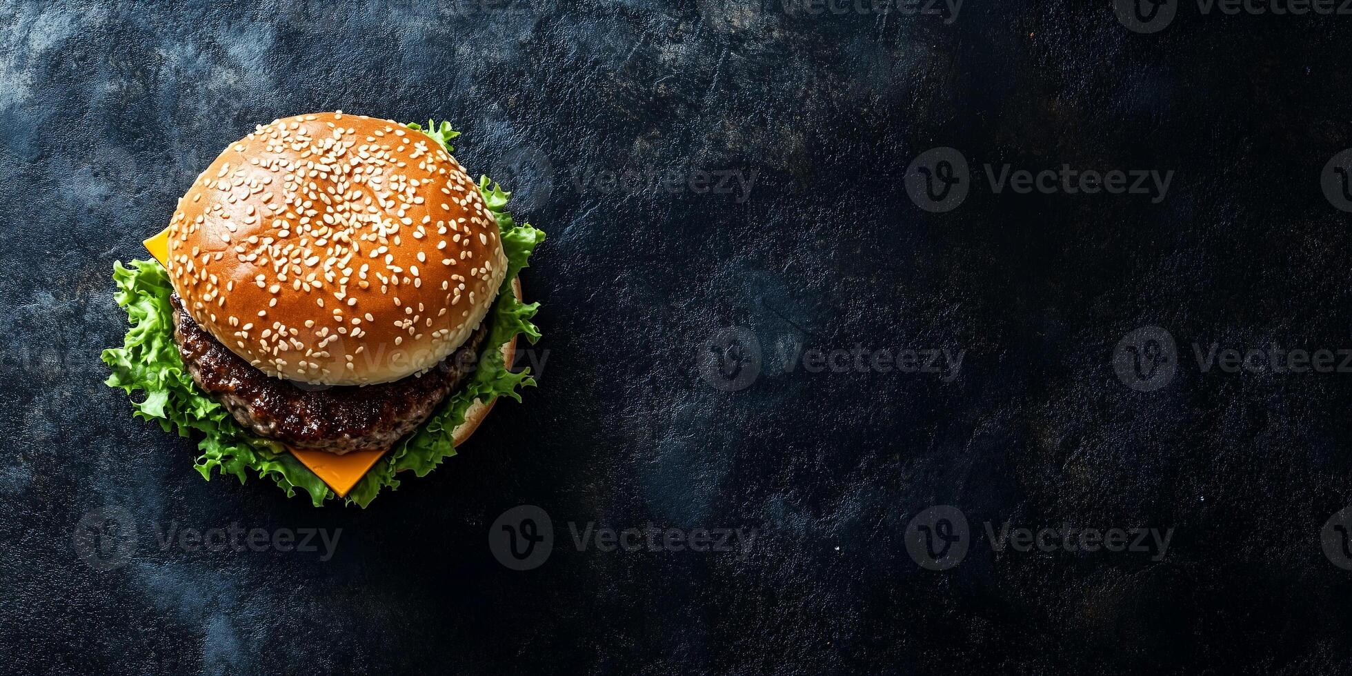 Small assembled burger with patty and fillings on a flat surface, gastronomy photography photo