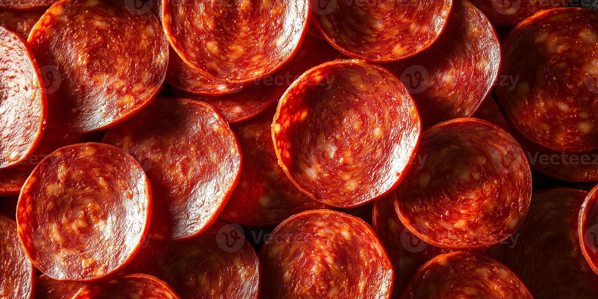Close-up of overlapping pepperoni slices, highlighting texture and shape, food setting photo