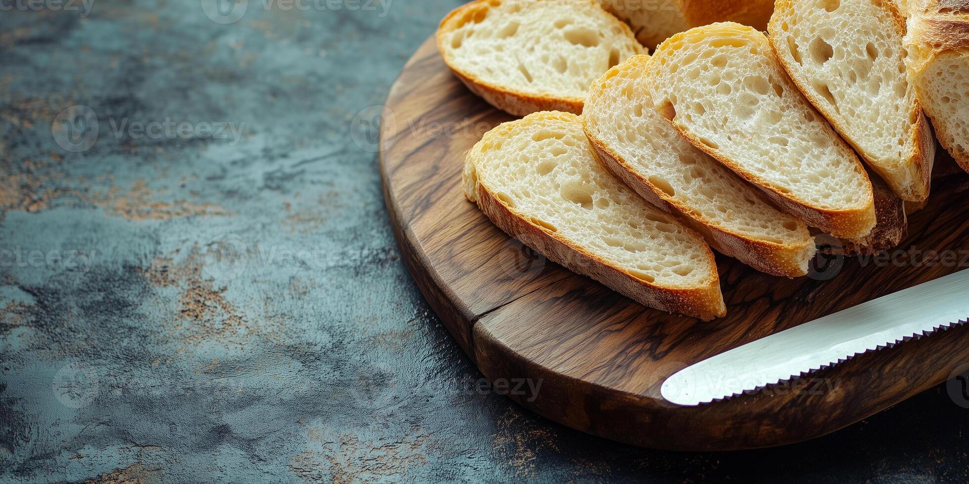 Close-up of sliced baguette pieces neatly arranged on wooden surface, meal photography photo