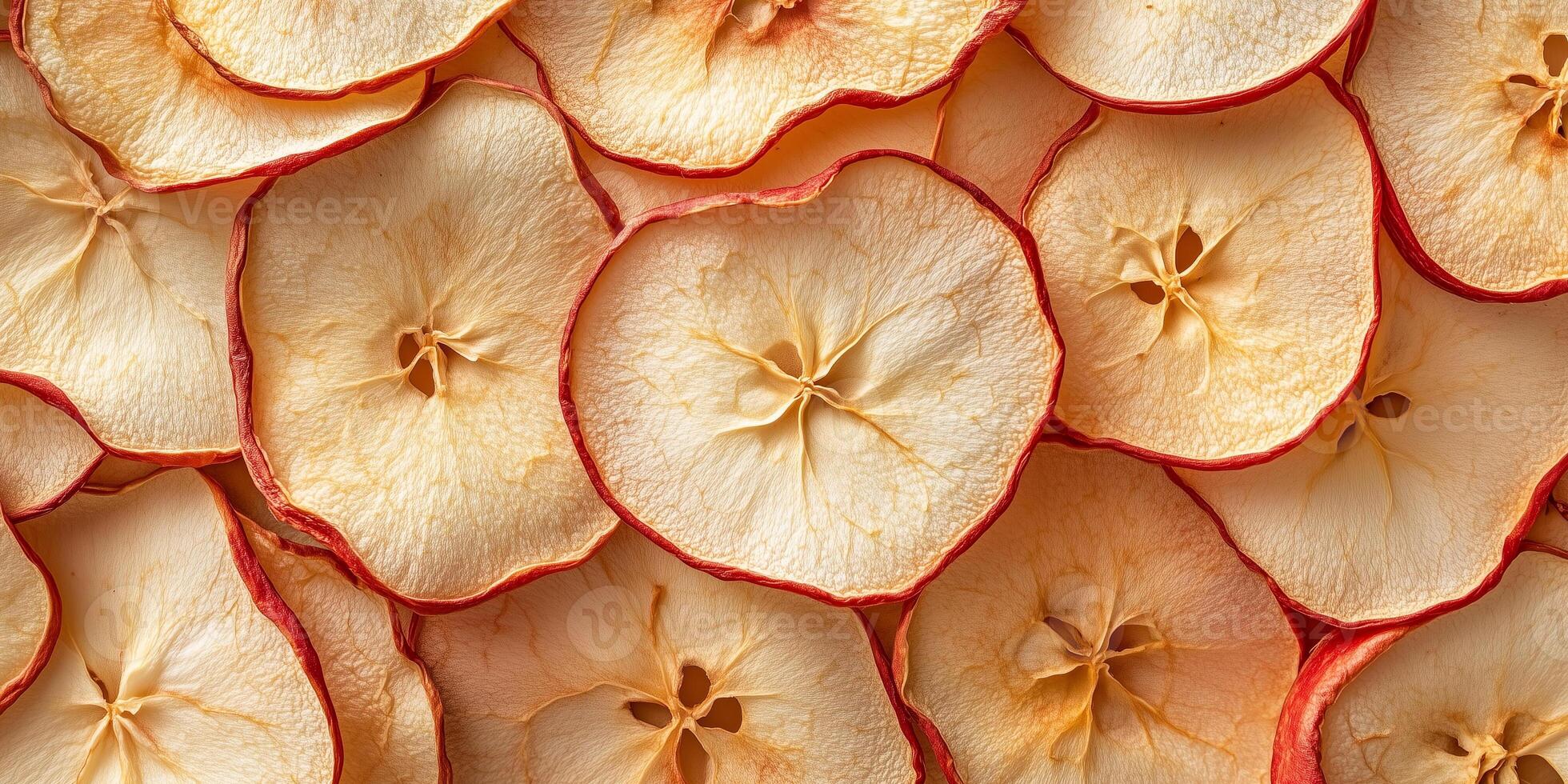Close-up of dried apple slices in a random pattern, food setting photo