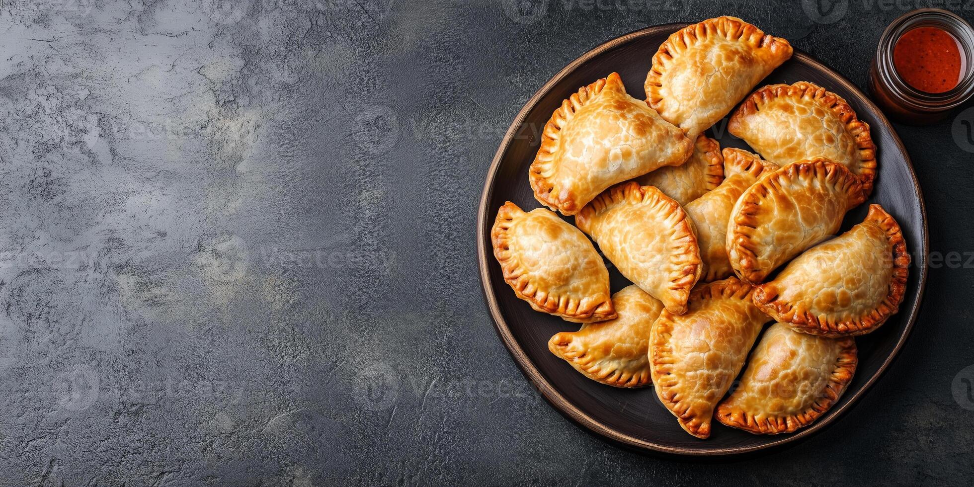 Pile of beef empanadas on a round plate, ready to serve, meal photography photo