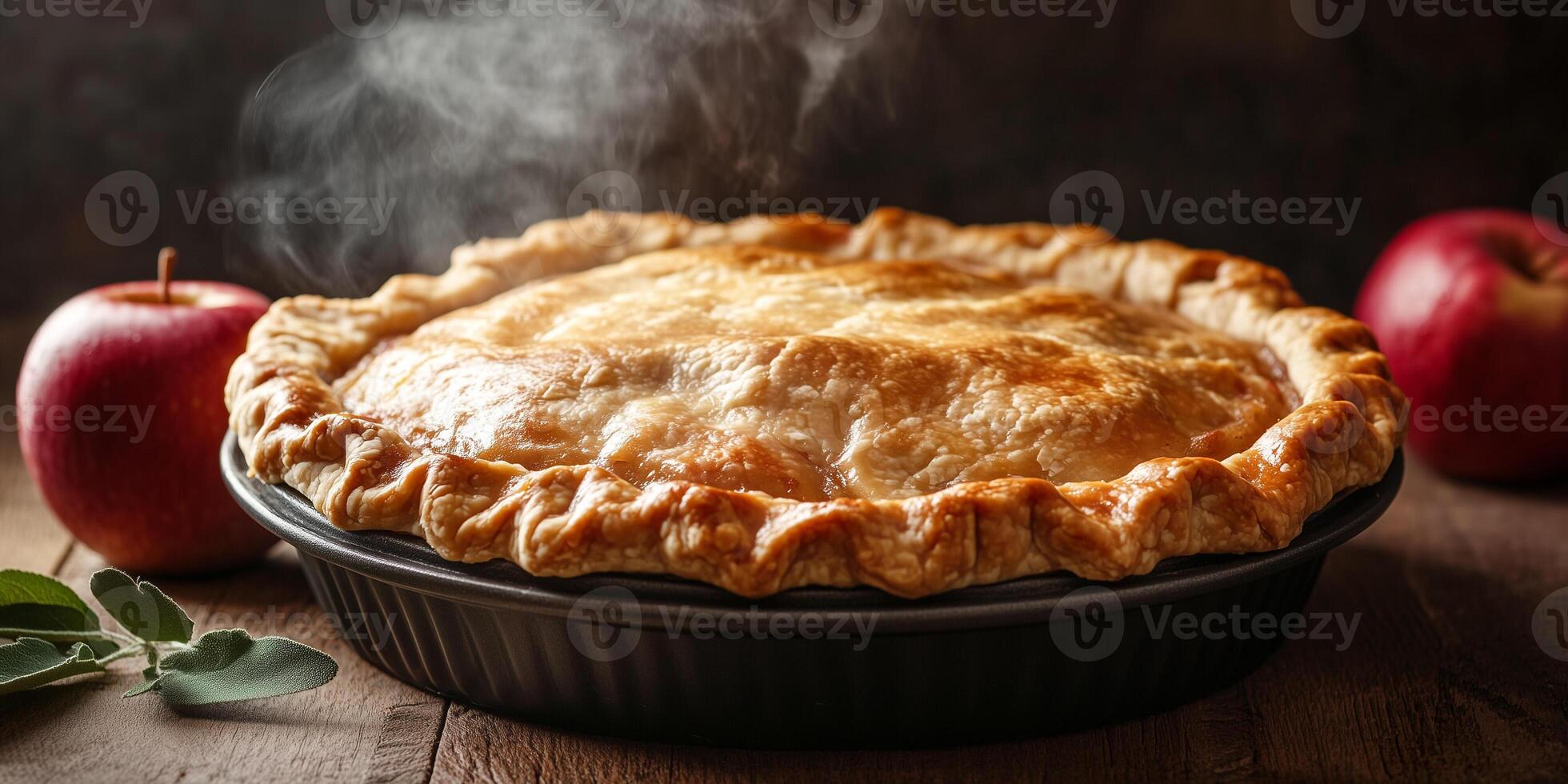 Pie with a flaky top crust, steam escaping, showcasing apple filling inside, meal photography photo